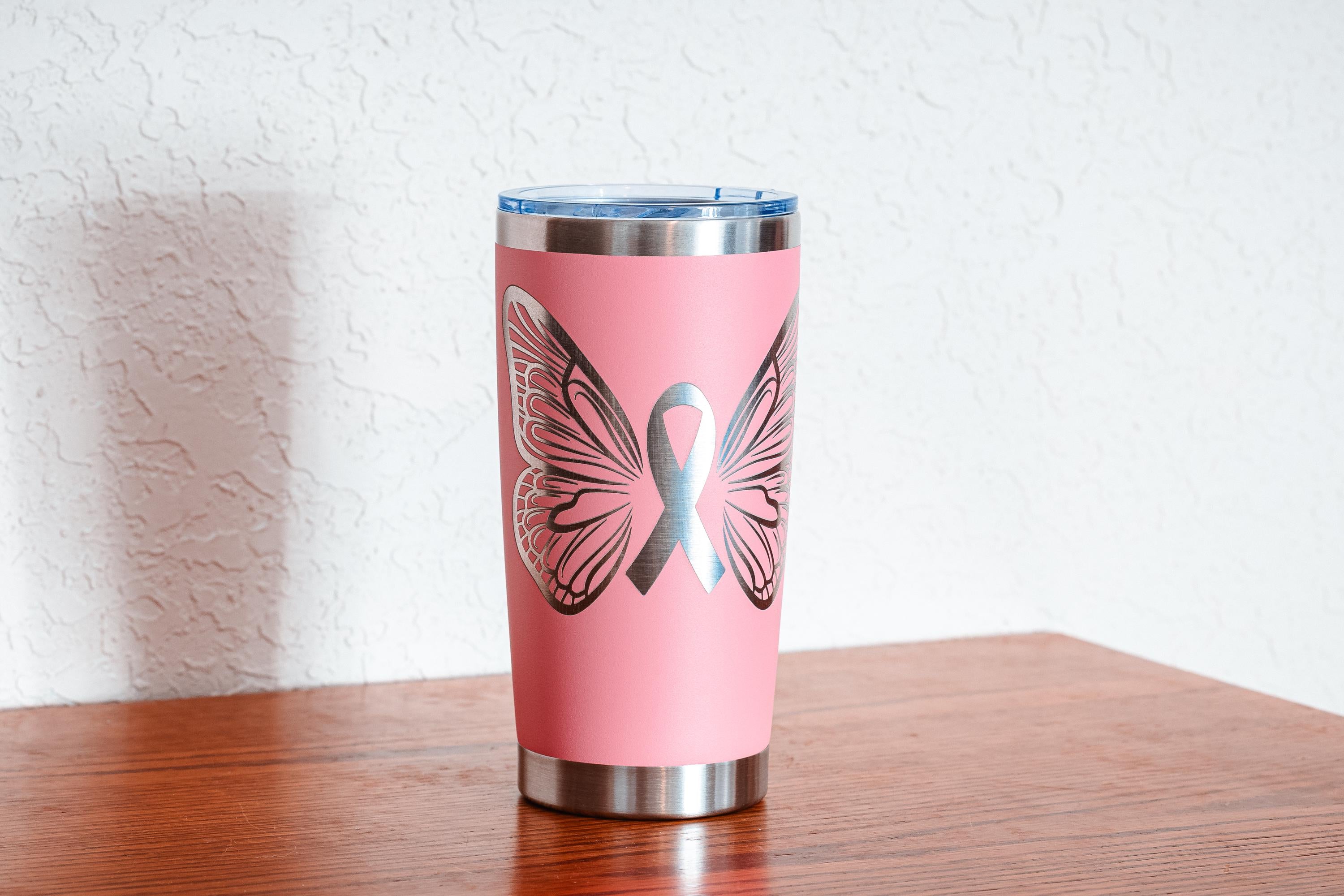 Pink Ribbon Butterfly 20oz Stainless Steel Tumbler – Breast Cancer Awareness – Five Dollar Donation to Susan G. Komen Foundation