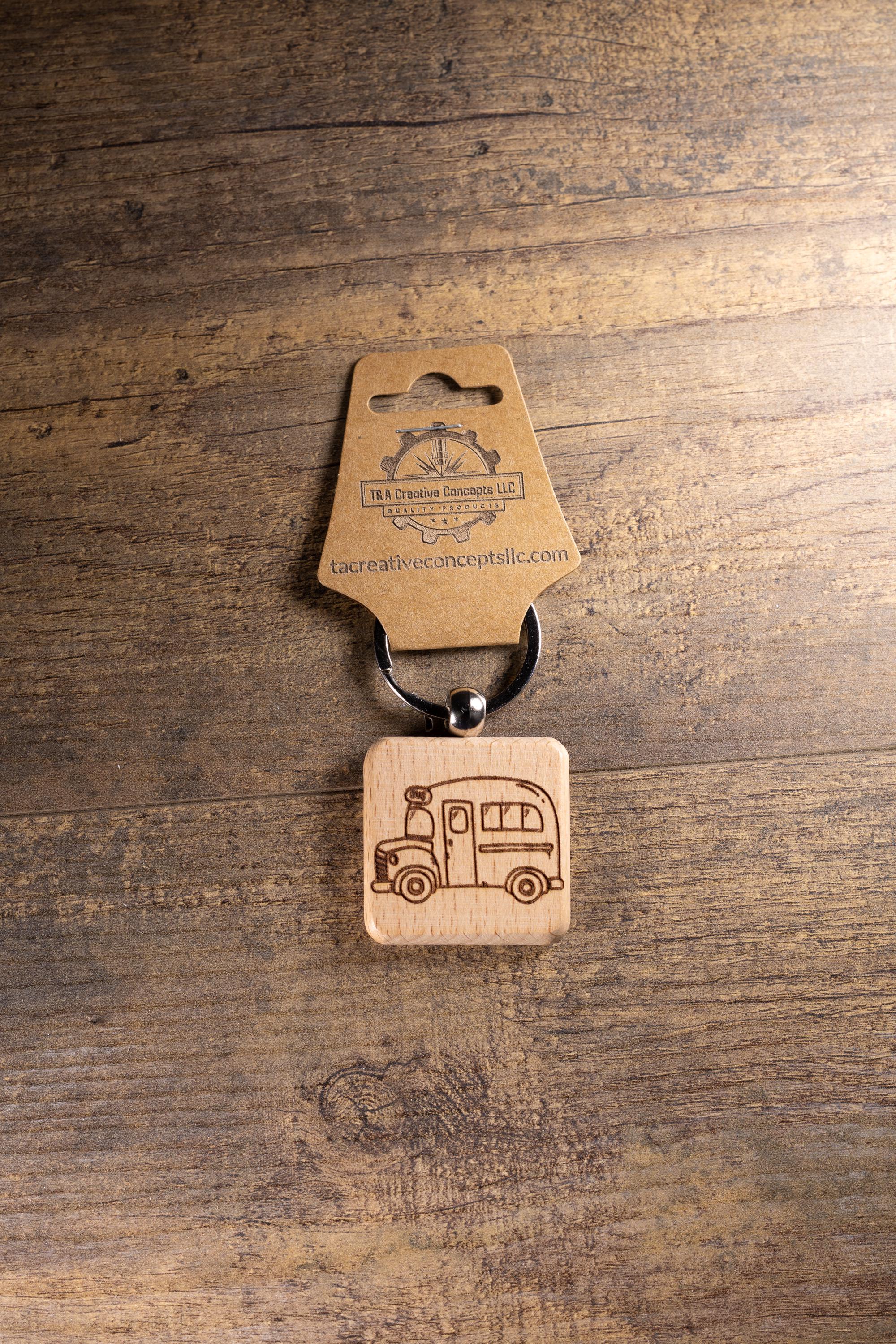 Laser Engraved Wood School Bus Keychain / Bag Charm – Hardwood with Stainless Hardware – Teacher or Driver Gift