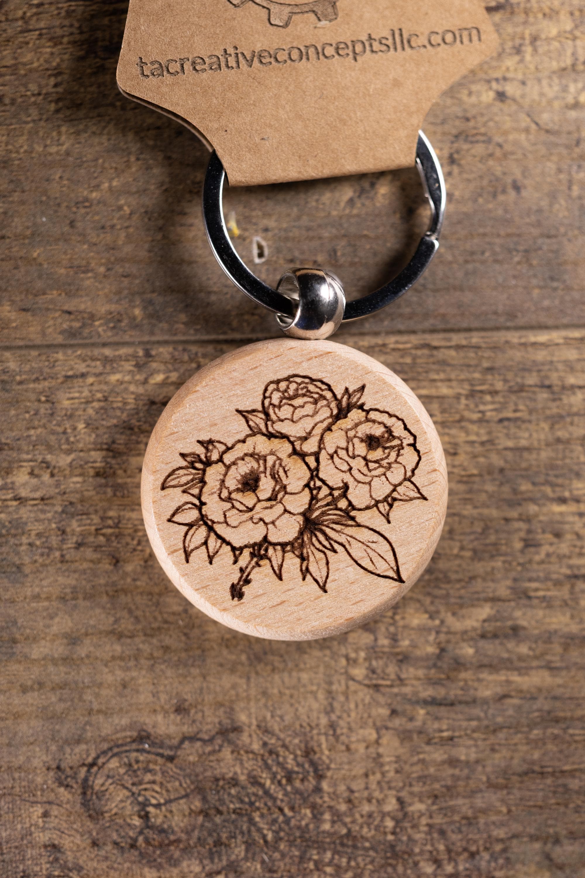 Laser Engraved Wood Peony Bunch Keychain / Bag Charm – Hardwood with Stainless Hardware – Flower Lover Gift