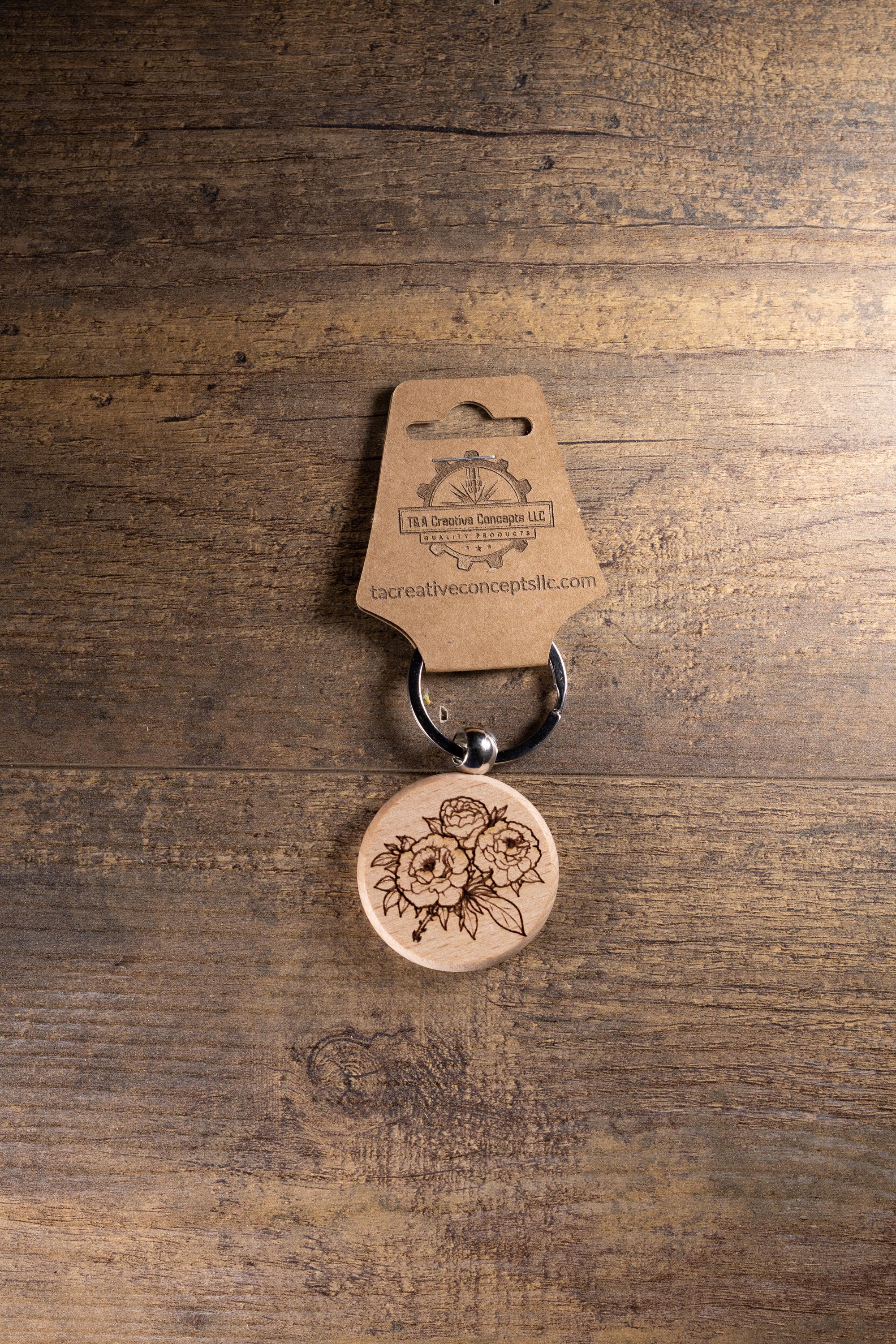 Laser Engraved Wood Peony Bunch Keychain / Bag Charm – Hardwood with Stainless Hardware – Flower Lover Gift