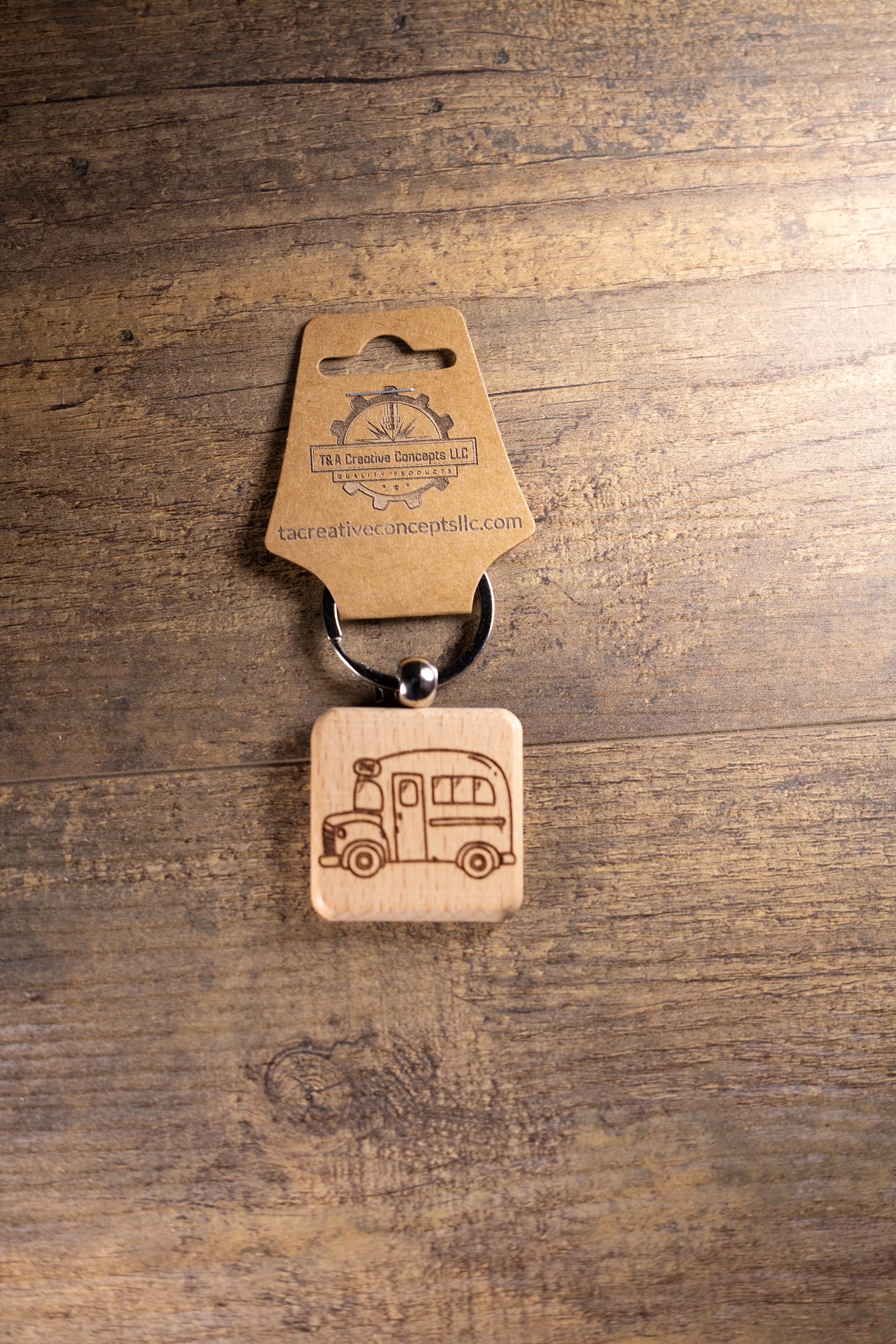 Laser Engraved Wood School Bus Keychain / Bag Charm – Hardwood with Stainless Hardware – Teacher or Driver Gift