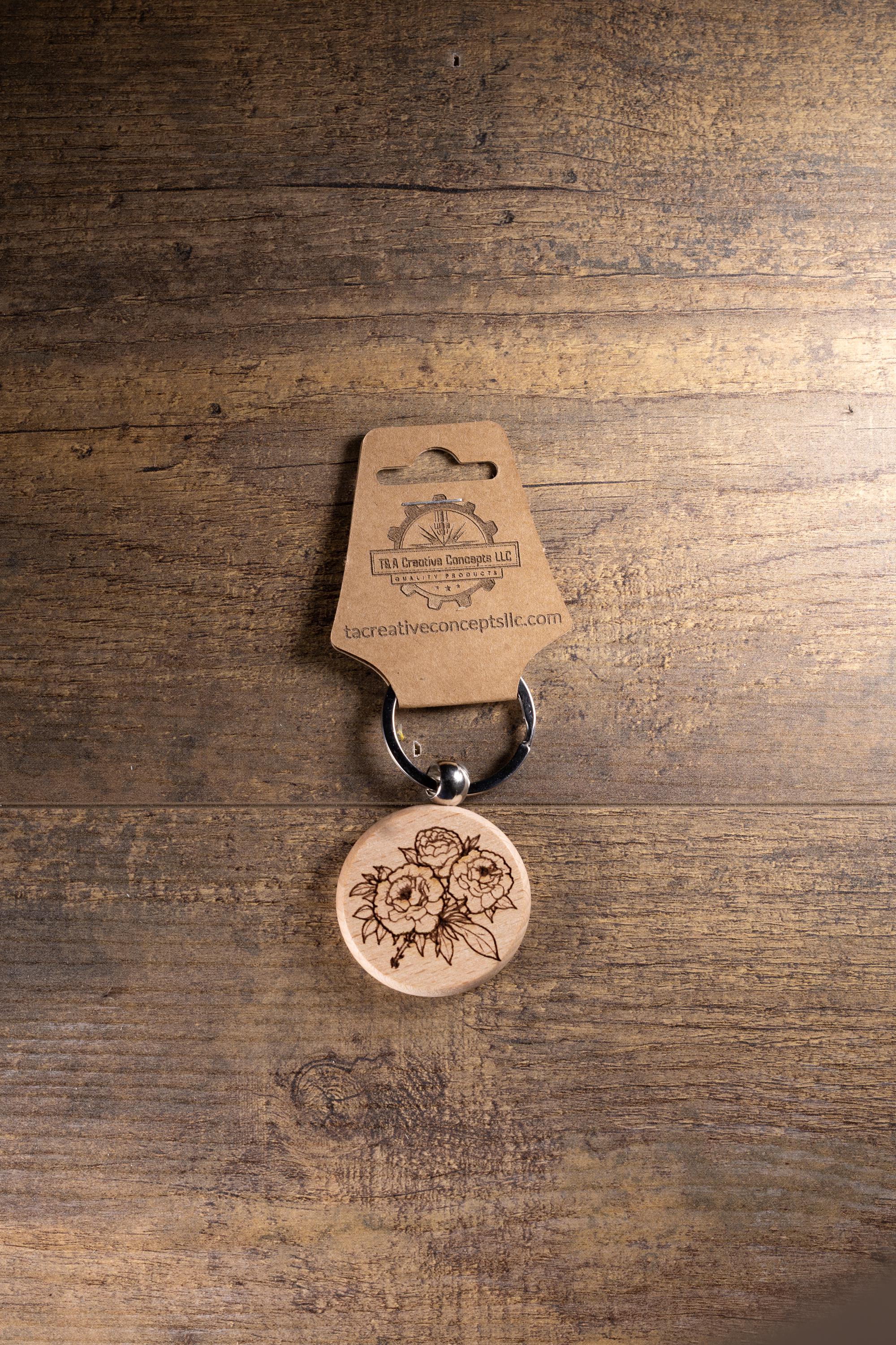 Laser Engraved Wood Peony Bunch Keychain / Bag Charm – Hardwood with Stainless Hardware – Flower Lover Gift