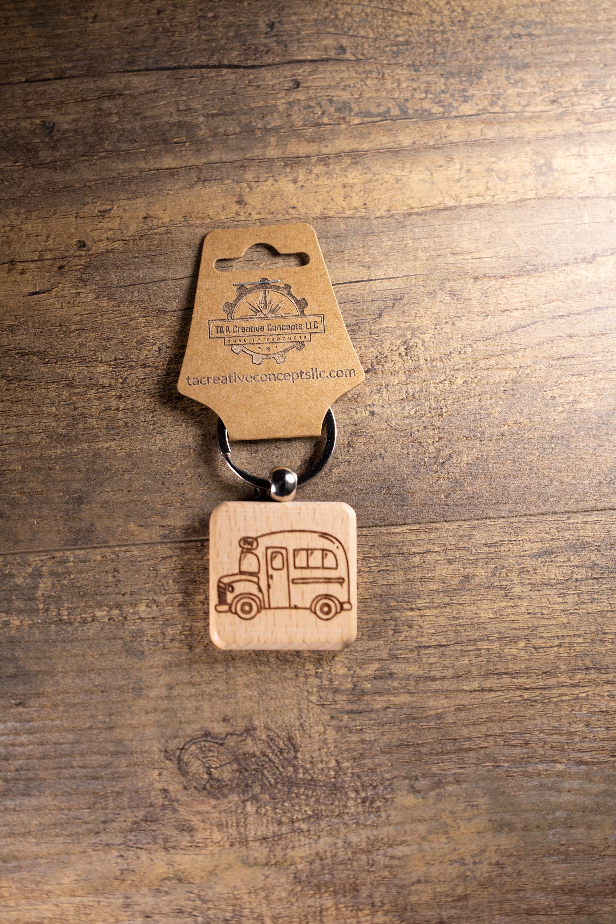 Laser Engraved Wood School Bus Keychain / Bag Charm – Hardwood with Stainless Hardware – Teacher or Driver Gift