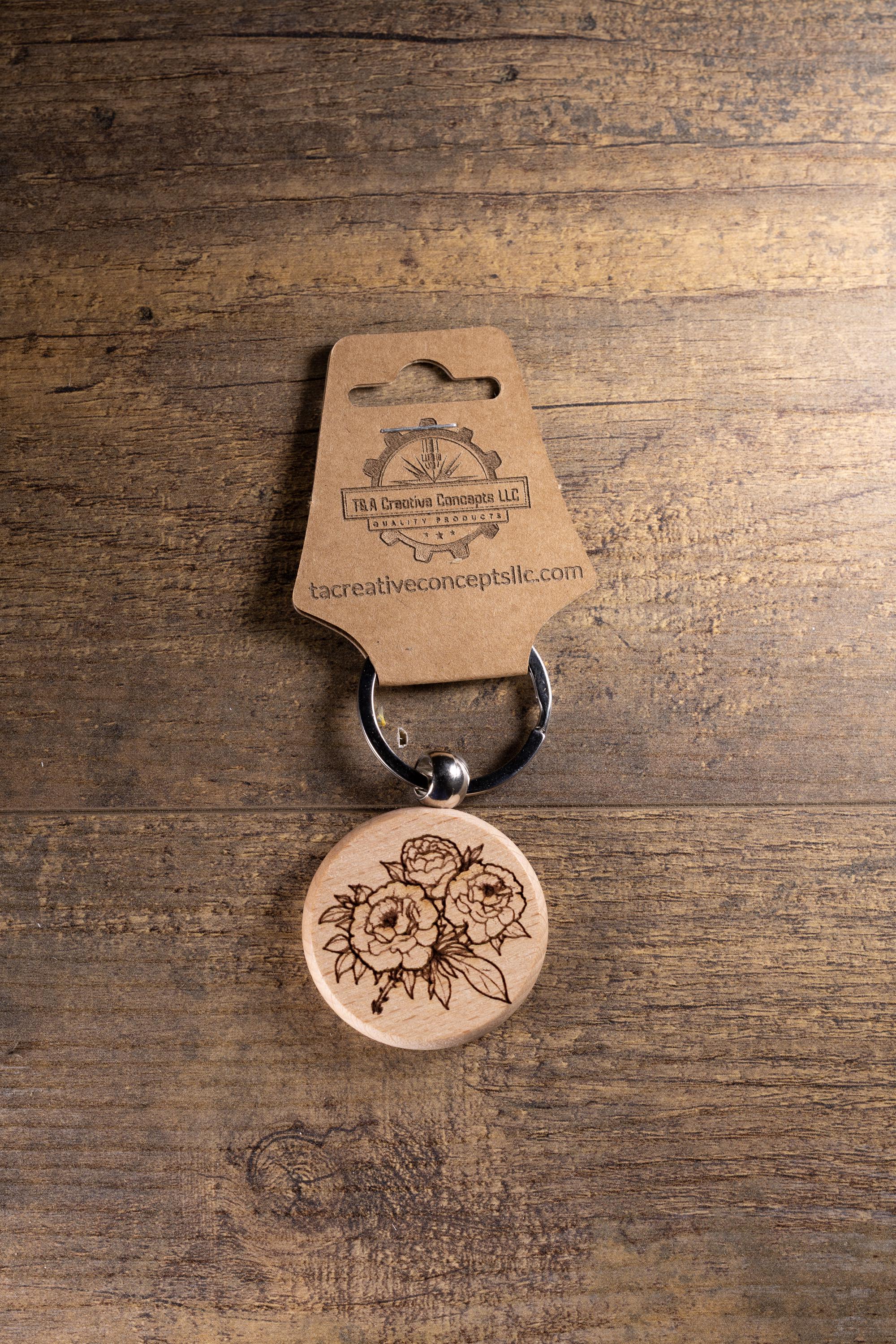 Laser Engraved Wood Peony Bunch Keychain / Bag Charm – Hardwood with Stainless Hardware – Flower Lover Gift