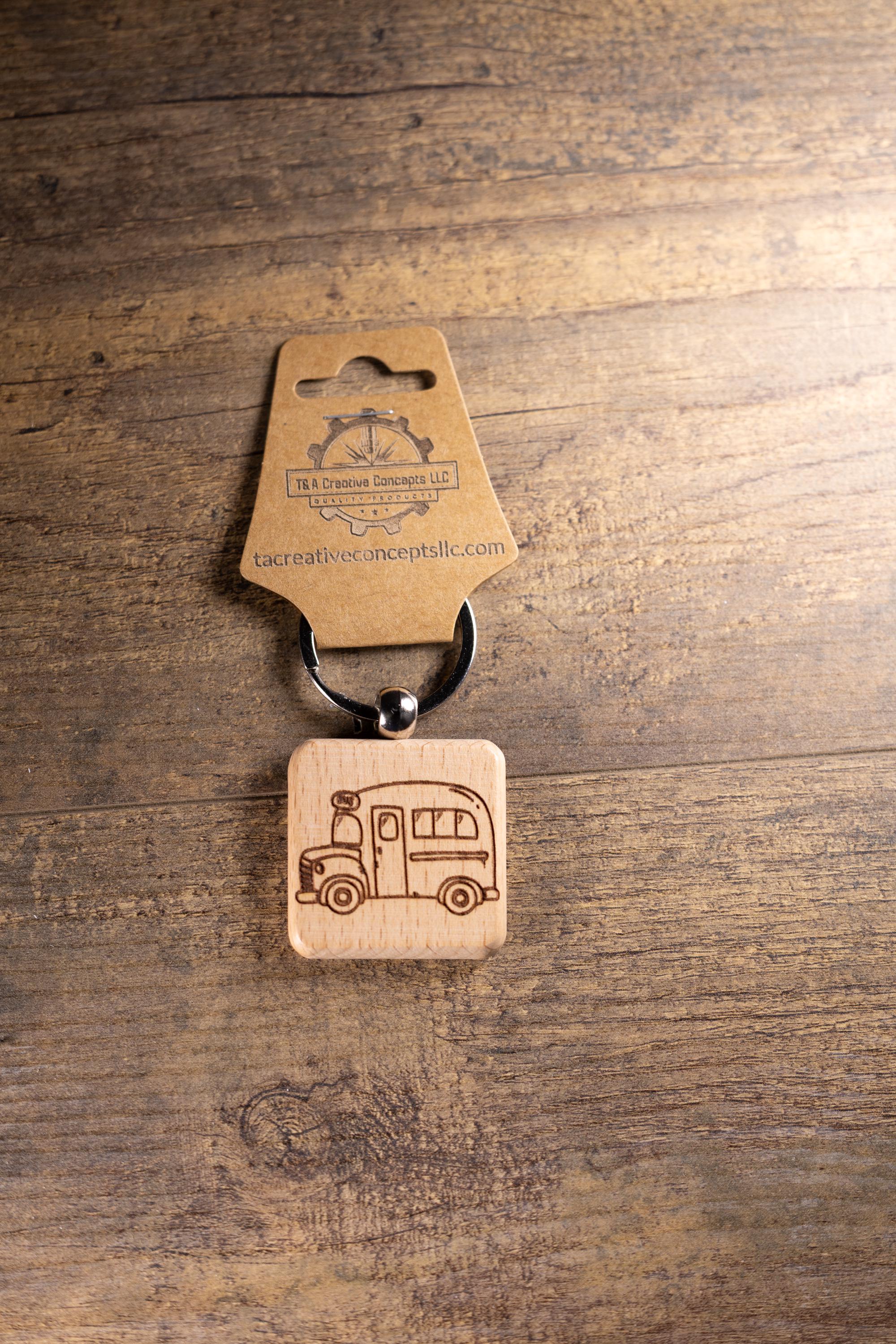 Laser Engraved Wood School Bus Keychain / Bag Charm – Hardwood with Stainless Hardware – Teacher or Driver Gift