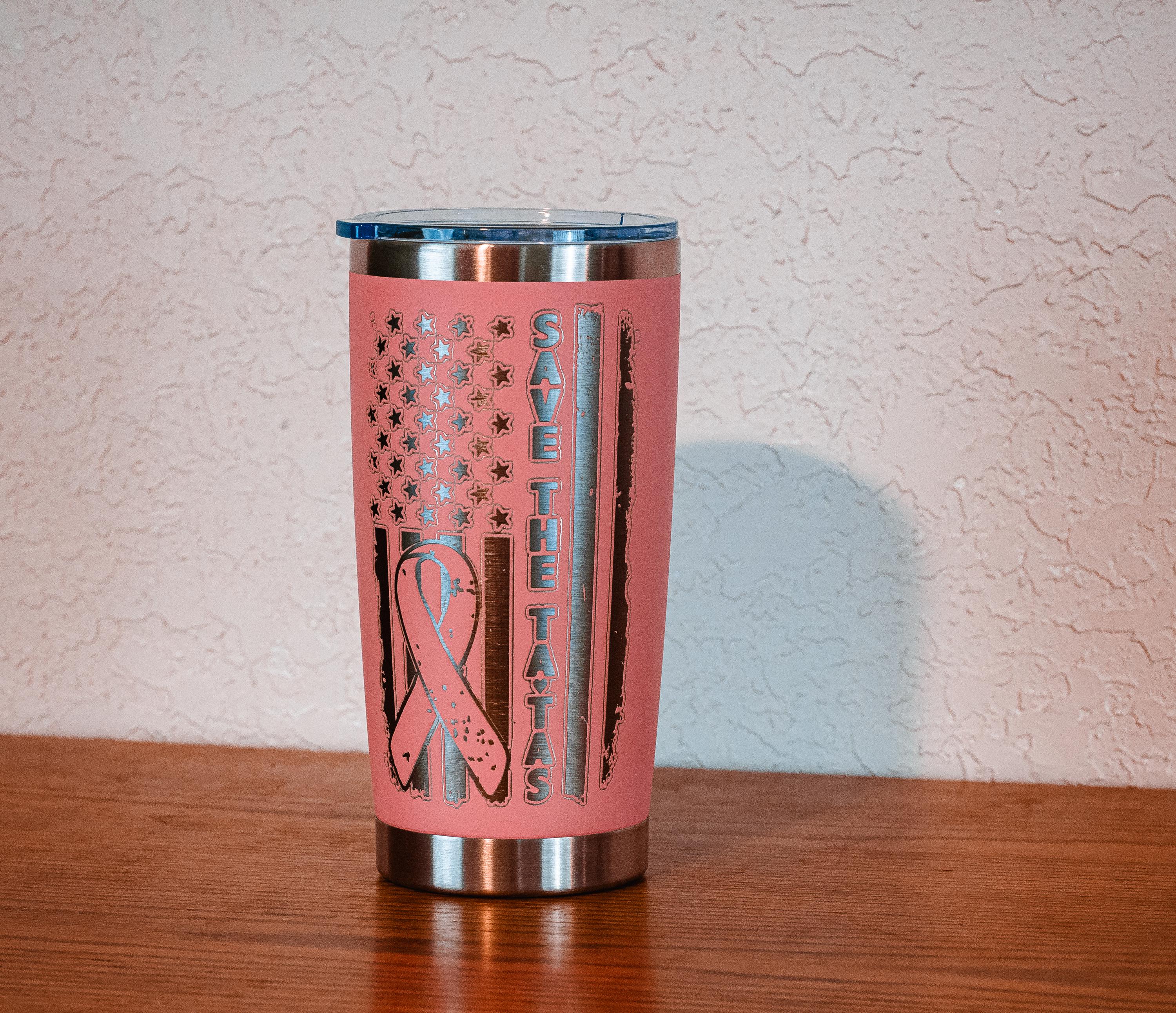 Pink “Save The Tatas” 20oz Stainless Steel Tumbler – Breast Cancer Awareness – Five Dollar Donation to Susan G. Komen Foundation