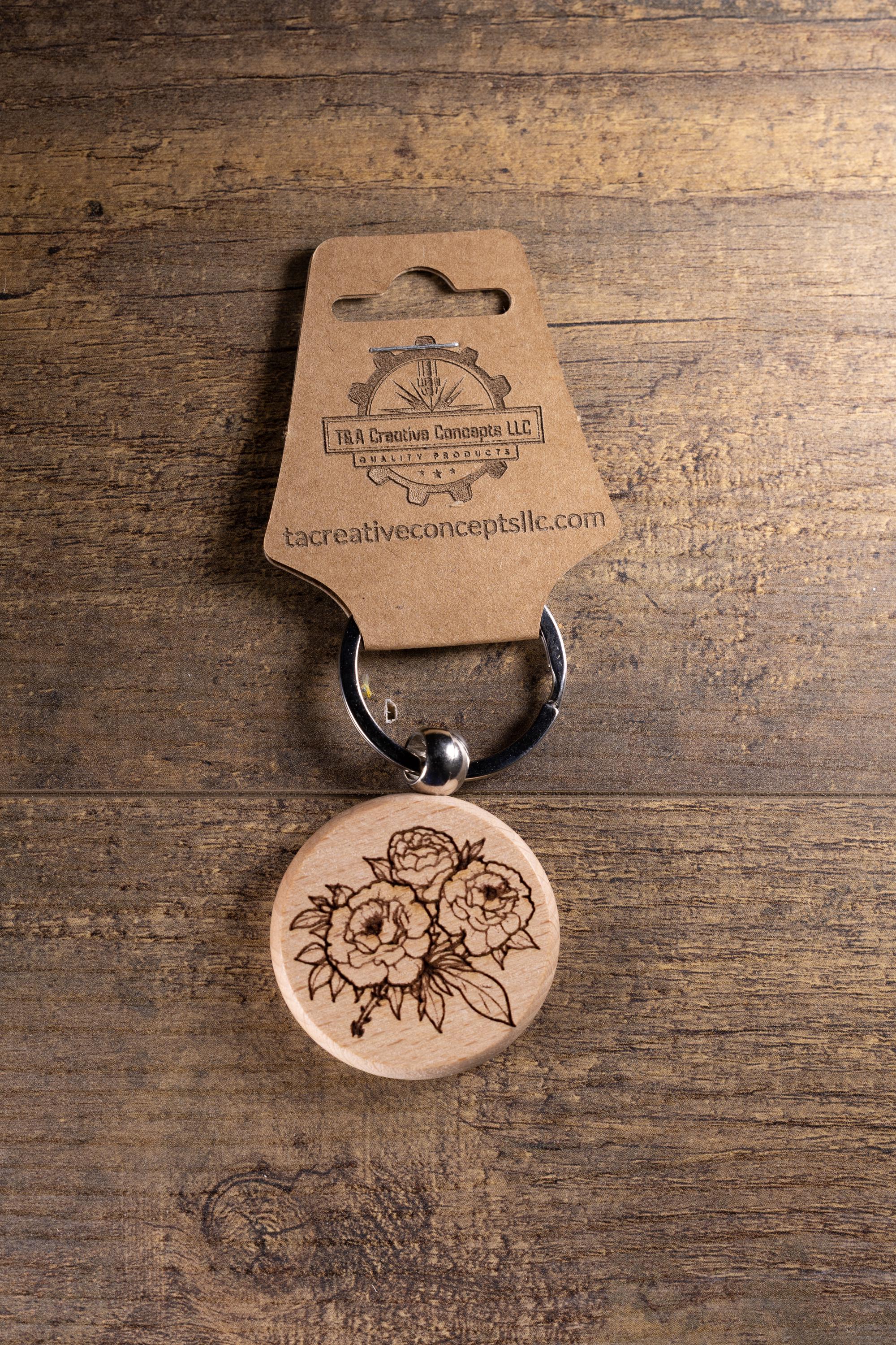 Laser Engraved Wood Peony Bunch Keychain / Bag Charm – Hardwood with Stainless Hardware – Flower Lover Gift