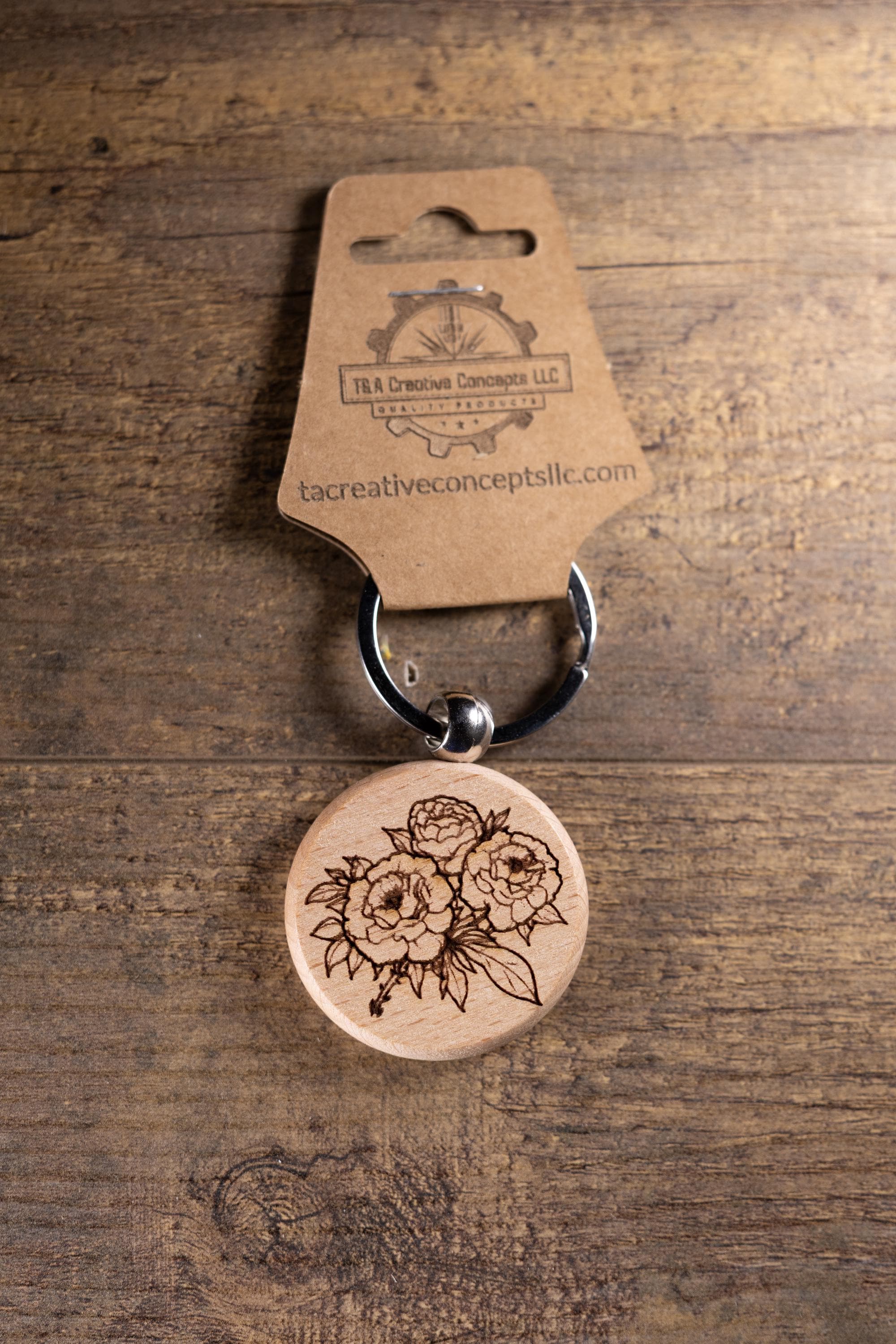 Laser Engraved Wood Peony Bunch Keychain / Bag Charm – Hardwood with Stainless Hardware – Flower Lover Gift