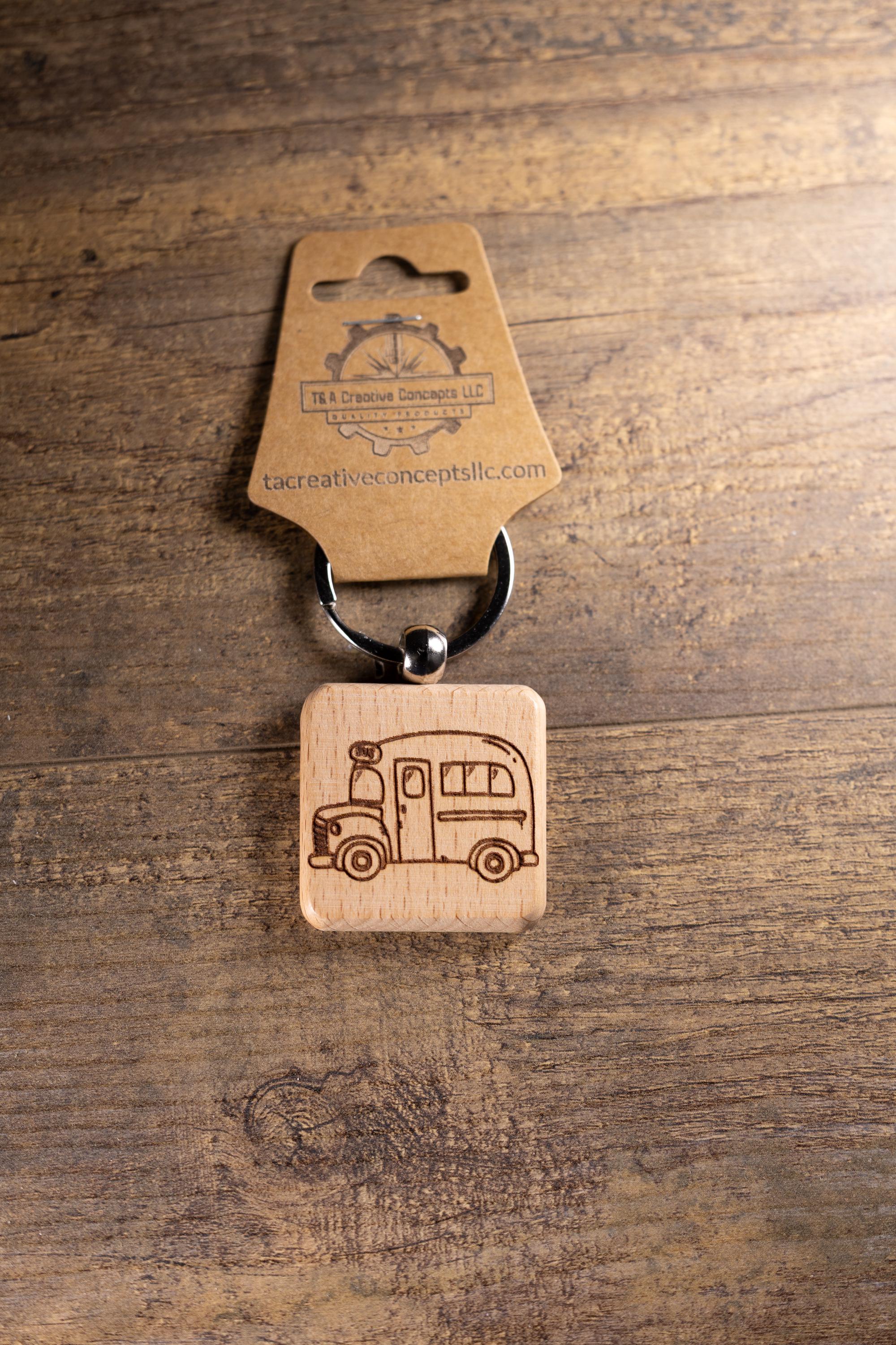 Laser Engraved Wood School Bus Keychain / Bag Charm – Hardwood with Stainless Hardware – Teacher or Driver Gift