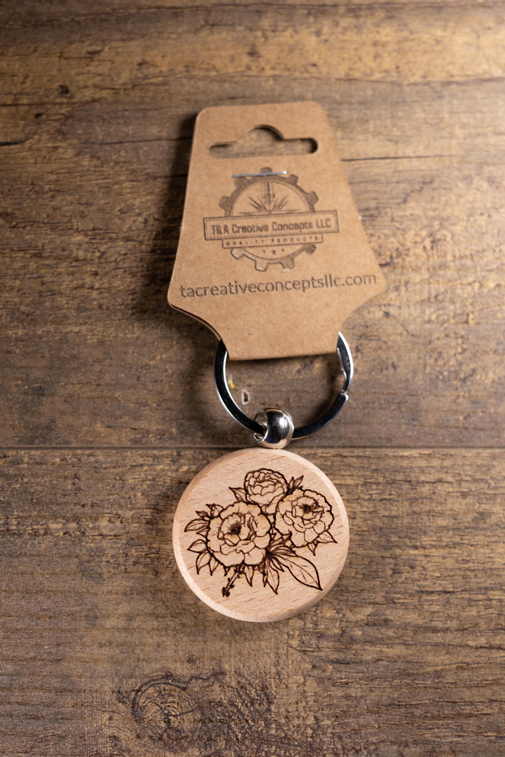 Laser Engraved Wood Peony Bunch Keychain / Bag Charm – Hardwood with Stainless Hardware – Flower Lover Gift
