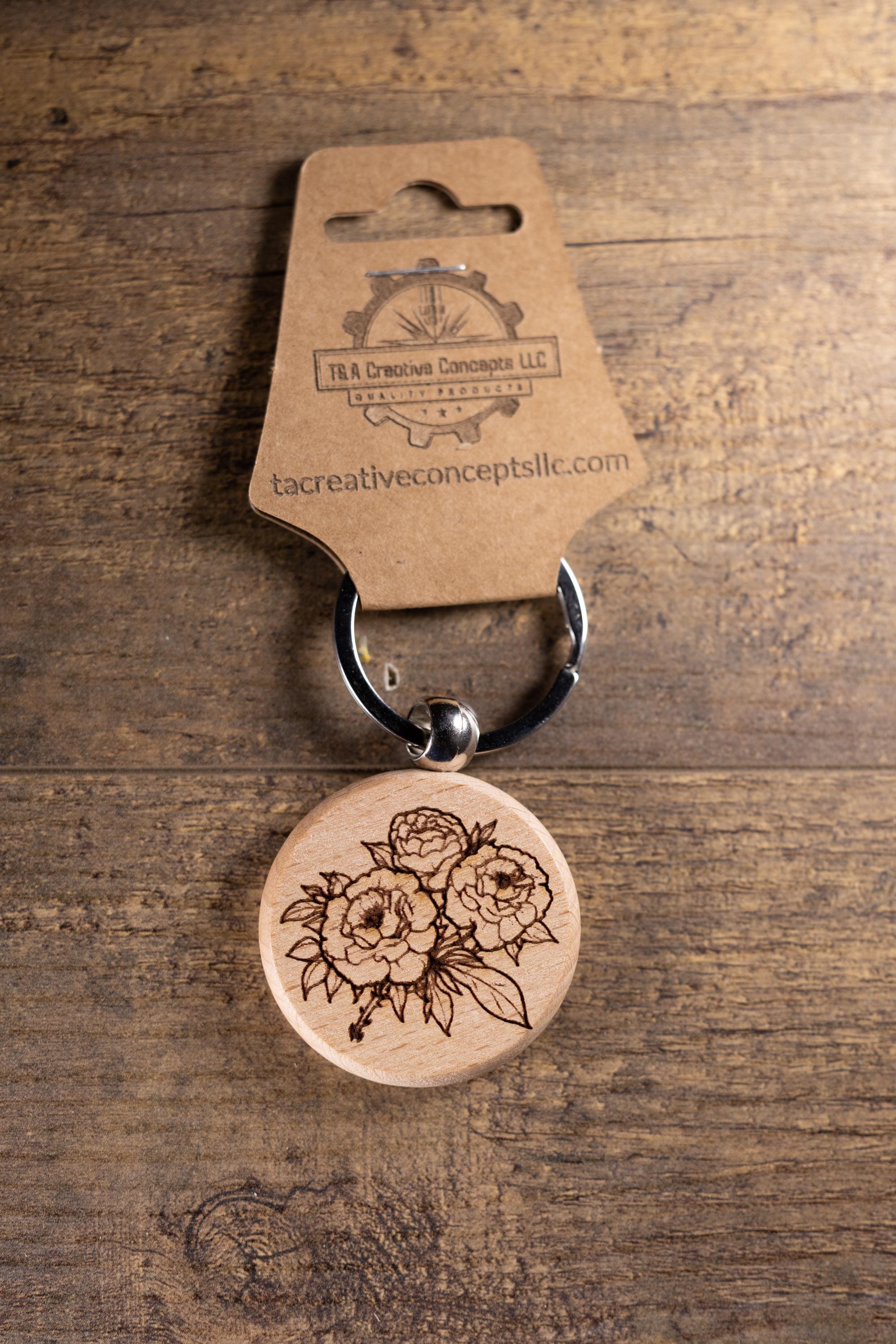 Laser Engraved Wood Peony Bunch Keychain / Bag Charm – Hardwood with Stainless Hardware – Flower Lover Gift
