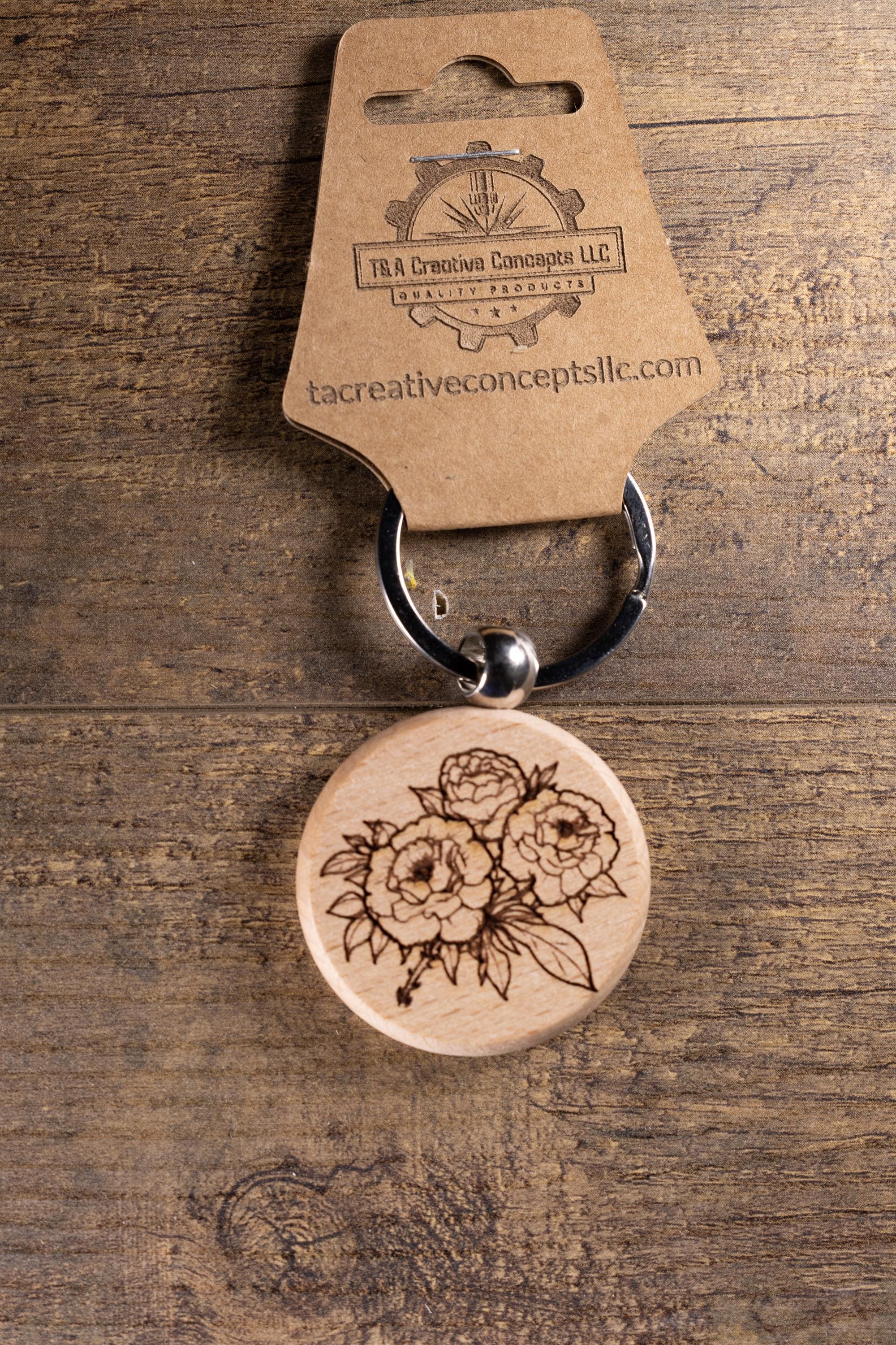 Laser Engraved Wood Peony Bunch Keychain / Bag Charm – Hardwood with Stainless Hardware – Flower Lover Gift