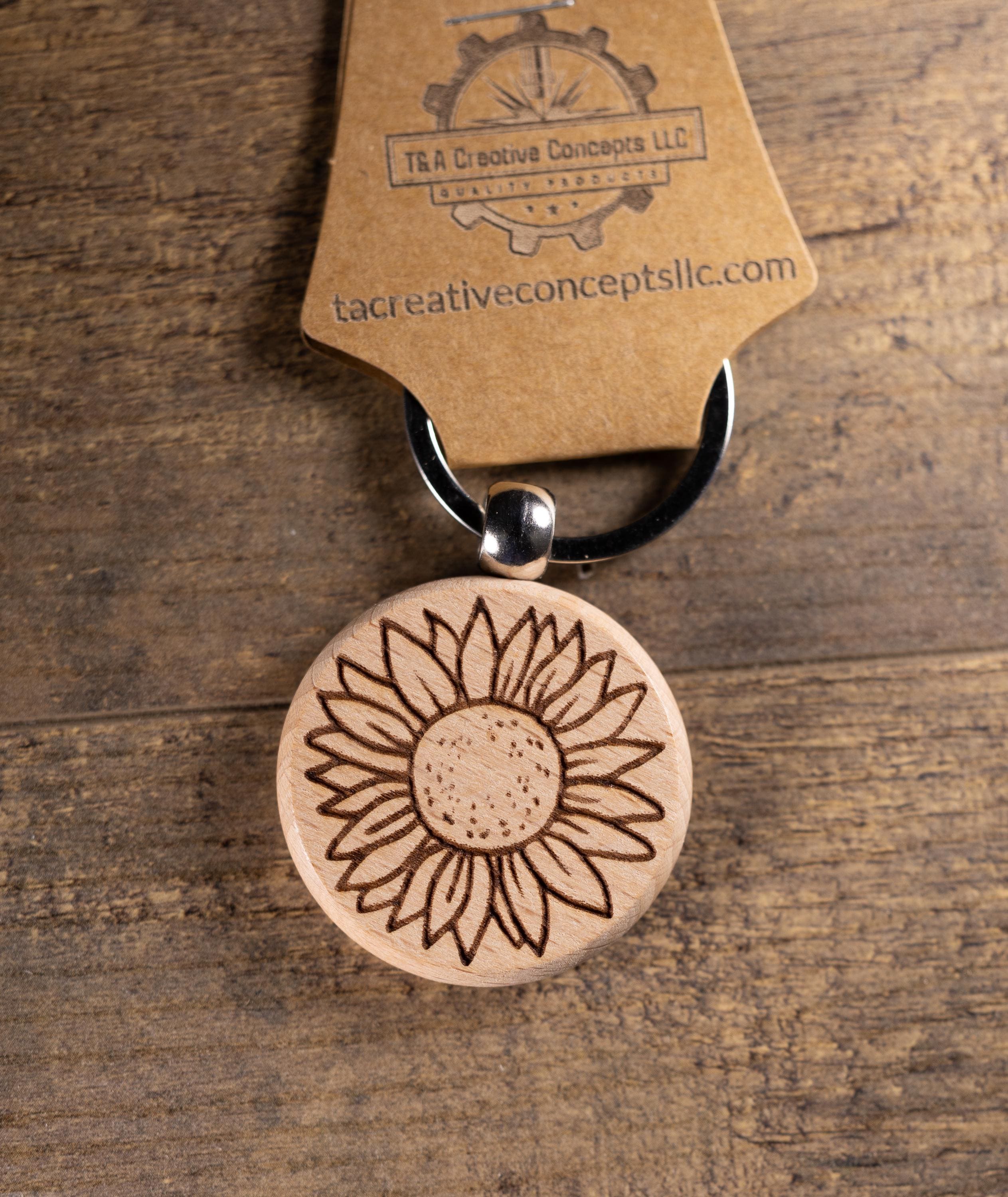 Laser Engraved Wood Sunflower Keychain / Bag Charm – Hardwood with Stainless Hardware – Flower Lover Gift