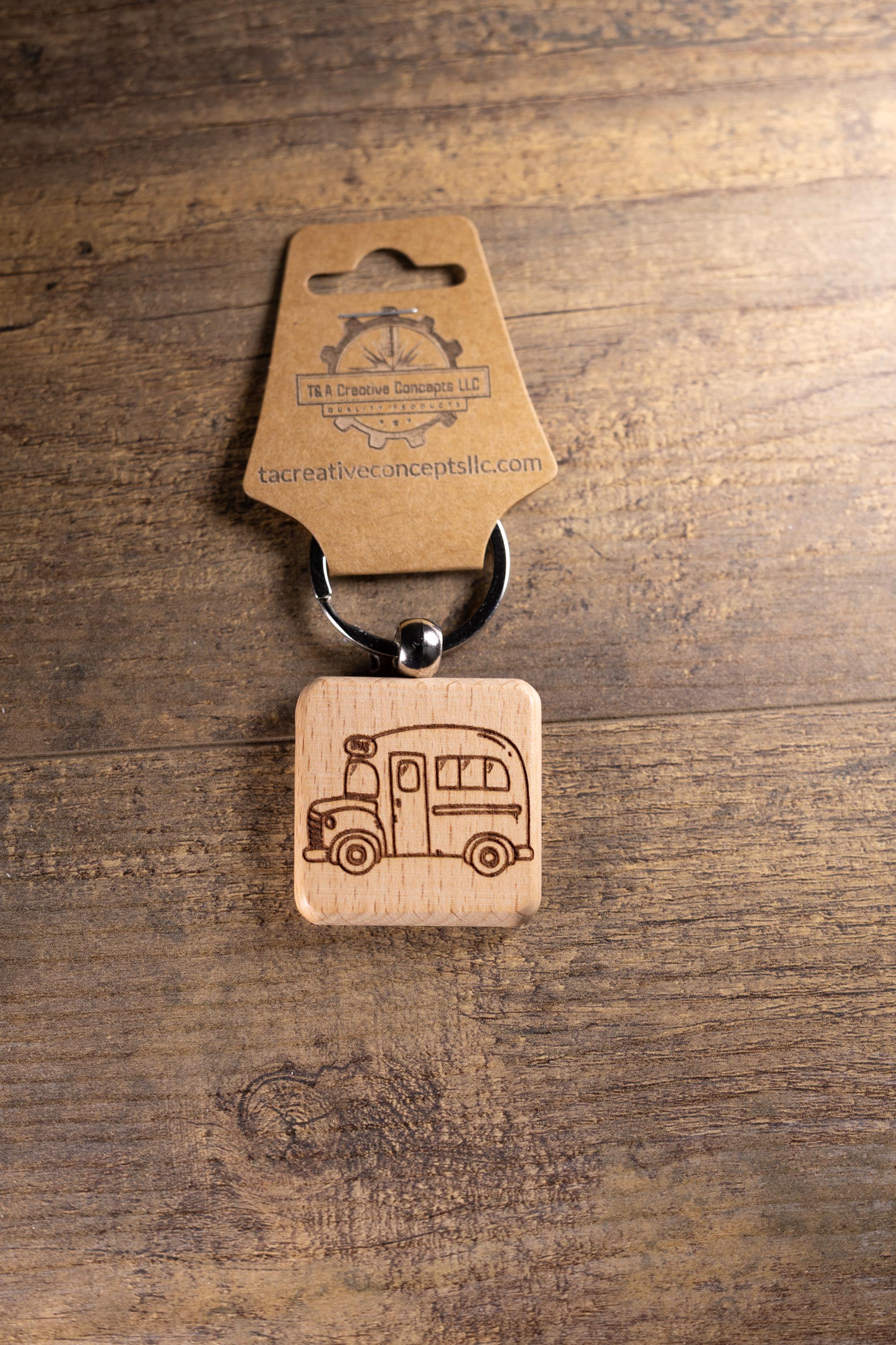 Laser Engraved Wood School Bus Keychain / Bag Charm – Hardwood with Stainless Hardware – Teacher or Driver Gift