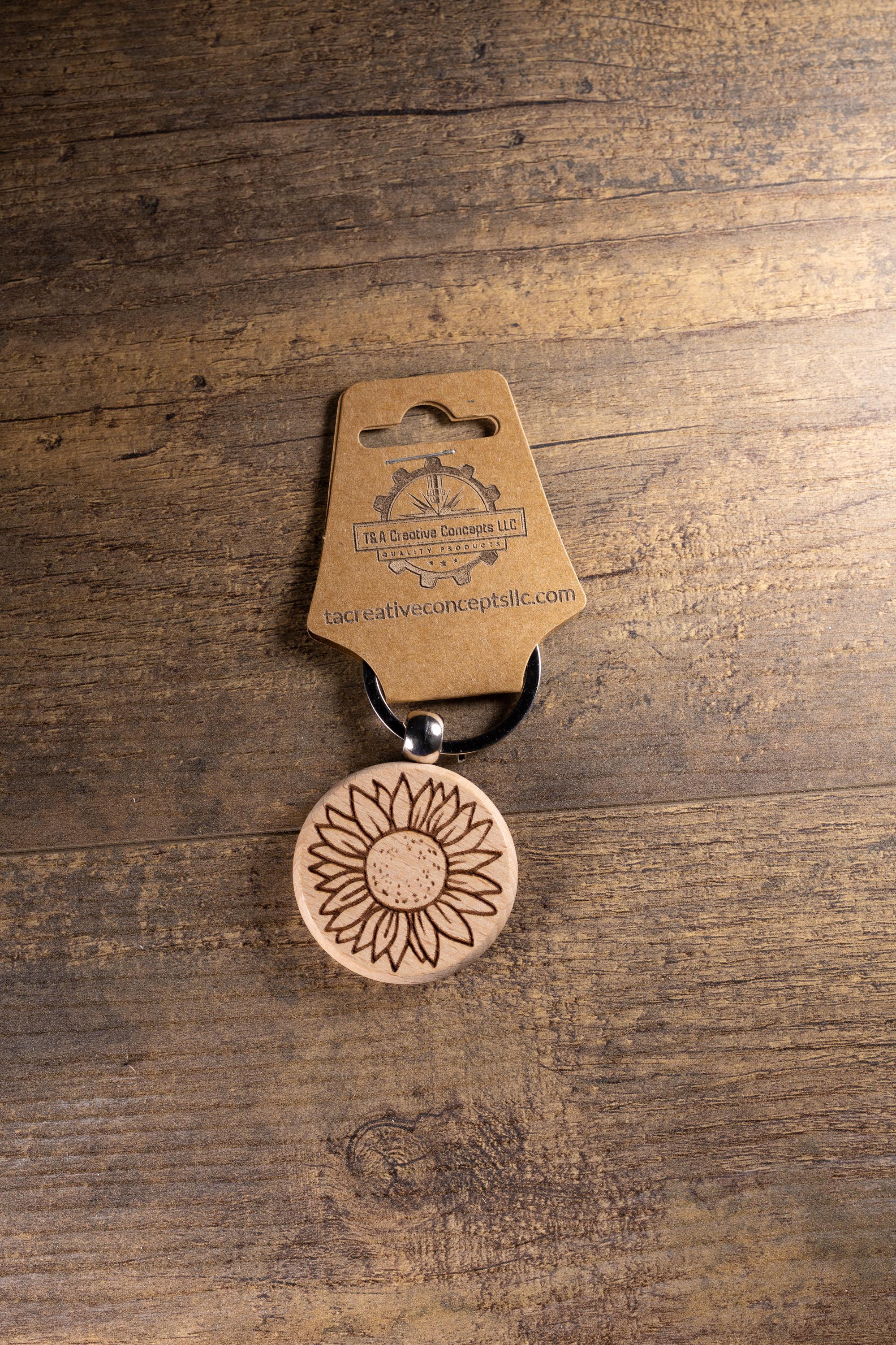 Laser Engraved Wood Sunflower Keychain / Bag Charm – Hardwood with Stainless Hardware – Flower Lover Gift