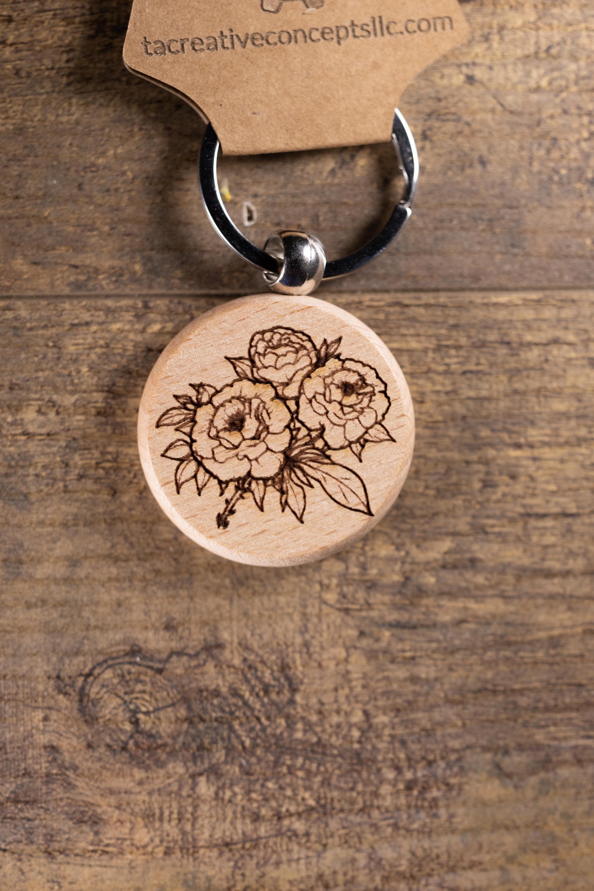 Laser Engraved Wood Peony Bunch Keychain / Bag Charm – Hardwood with Stainless Hardware – Flower Lover Gift