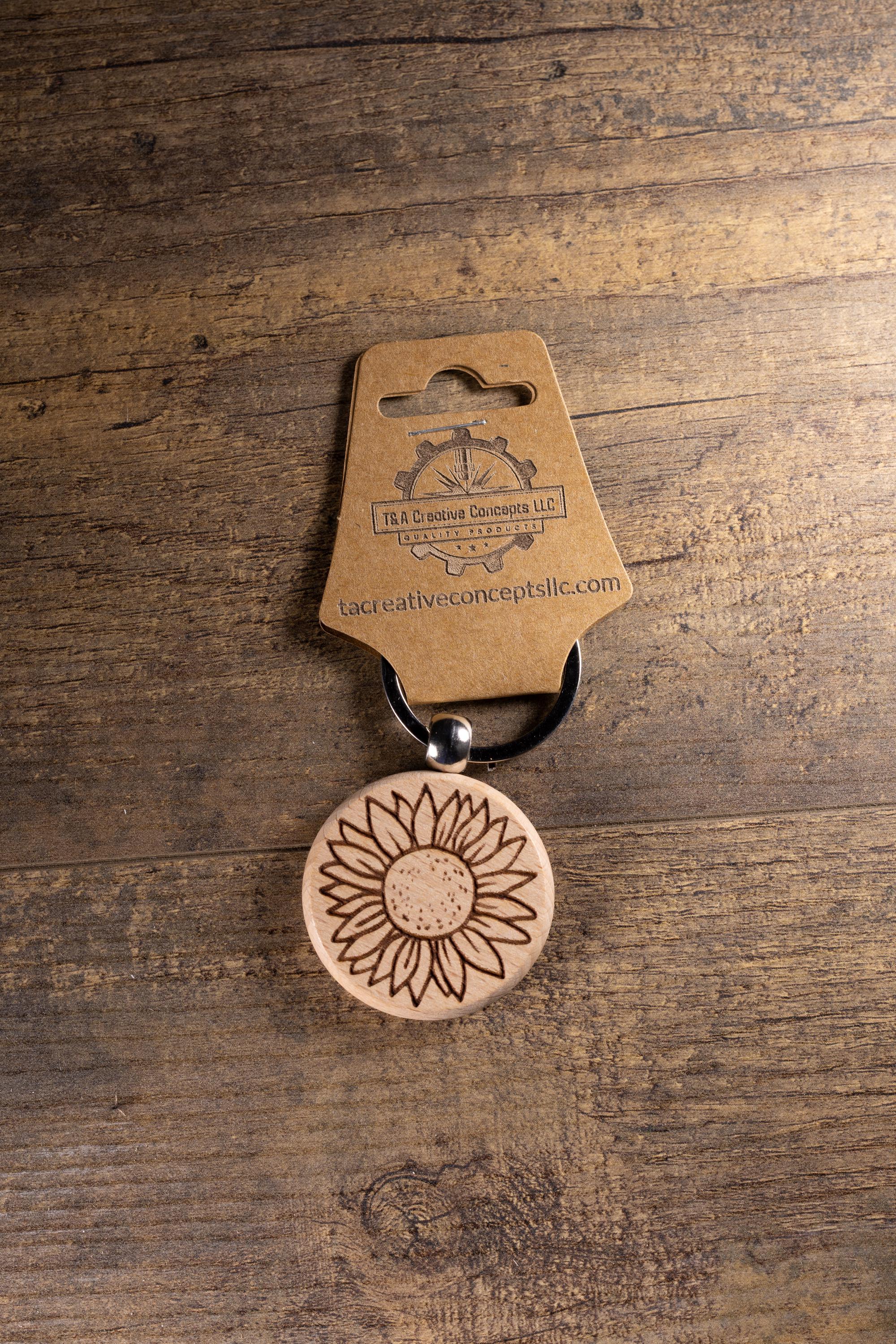 Laser Engraved Wood Sunflower Keychain / Bag Charm – Hardwood with Stainless Hardware – Flower Lover Gift