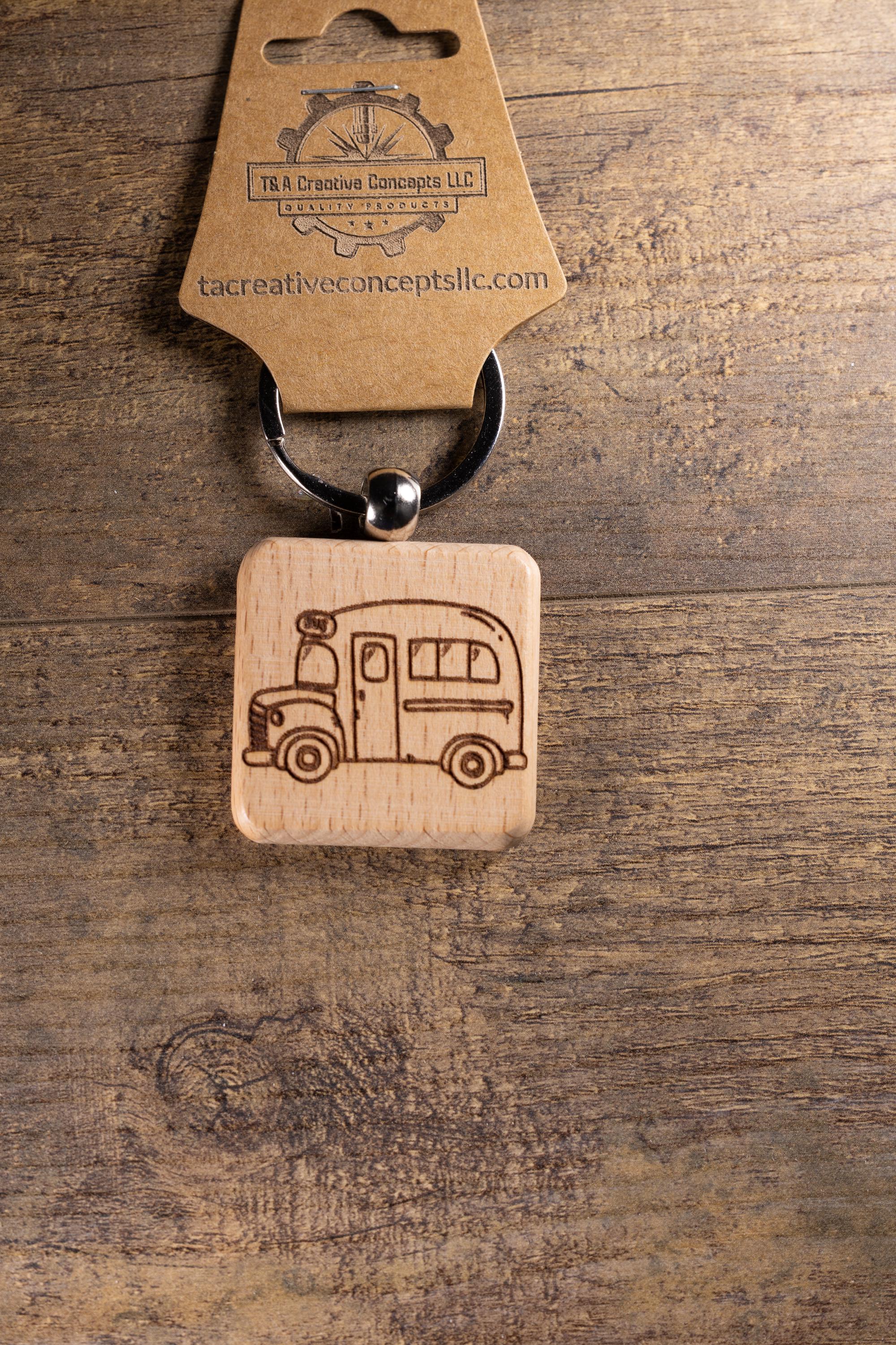 Laser Engraved Wood School Bus Keychain / Bag Charm – Hardwood with Stainless Hardware – Teacher or Driver Gift