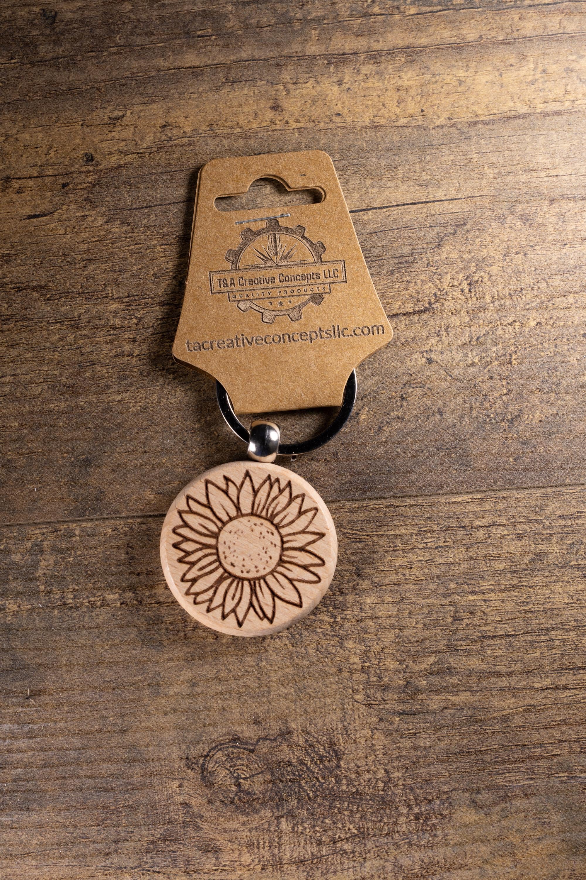 Laser Engraved Wood Sunflower Keychain / Bag Charm – Hardwood with Stainless Hardware – Flower Lover Gift