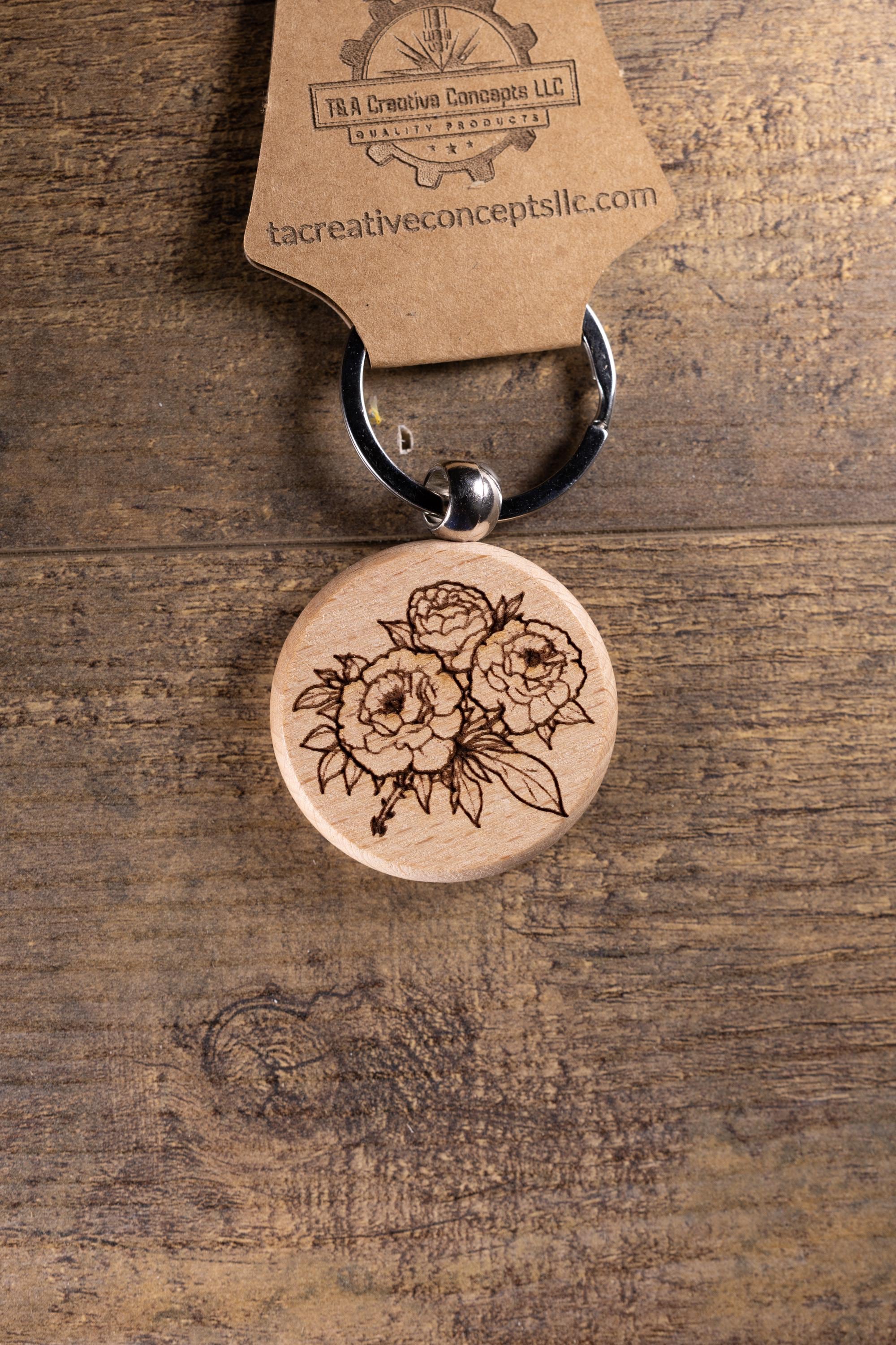 Laser Engraved Wood Peony Bunch Keychain / Bag Charm – Hardwood with Stainless Hardware – Flower Lover Gift