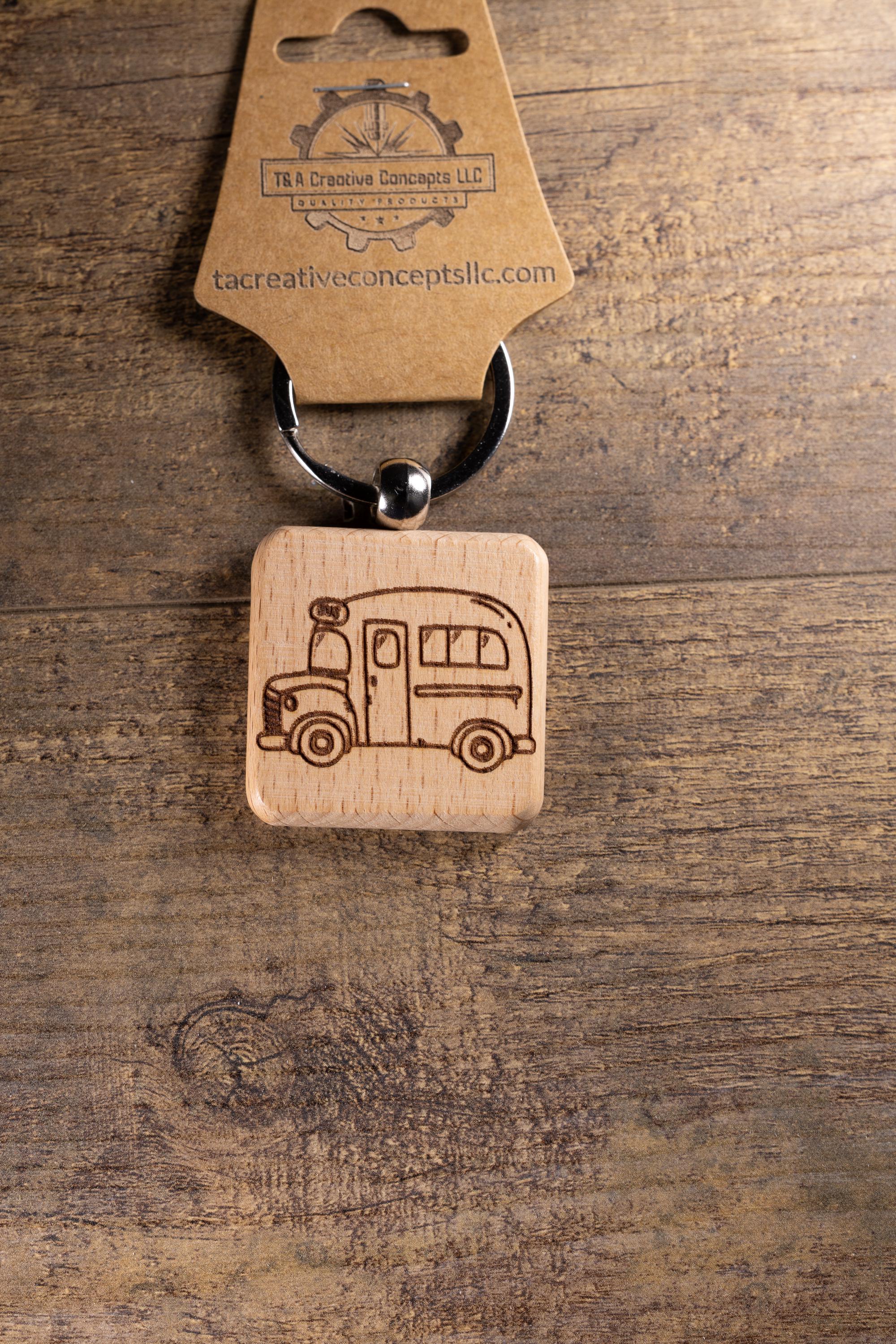 Laser Engraved Wood School Bus Keychain / Bag Charm – Hardwood with Stainless Hardware – Teacher or Driver Gift
