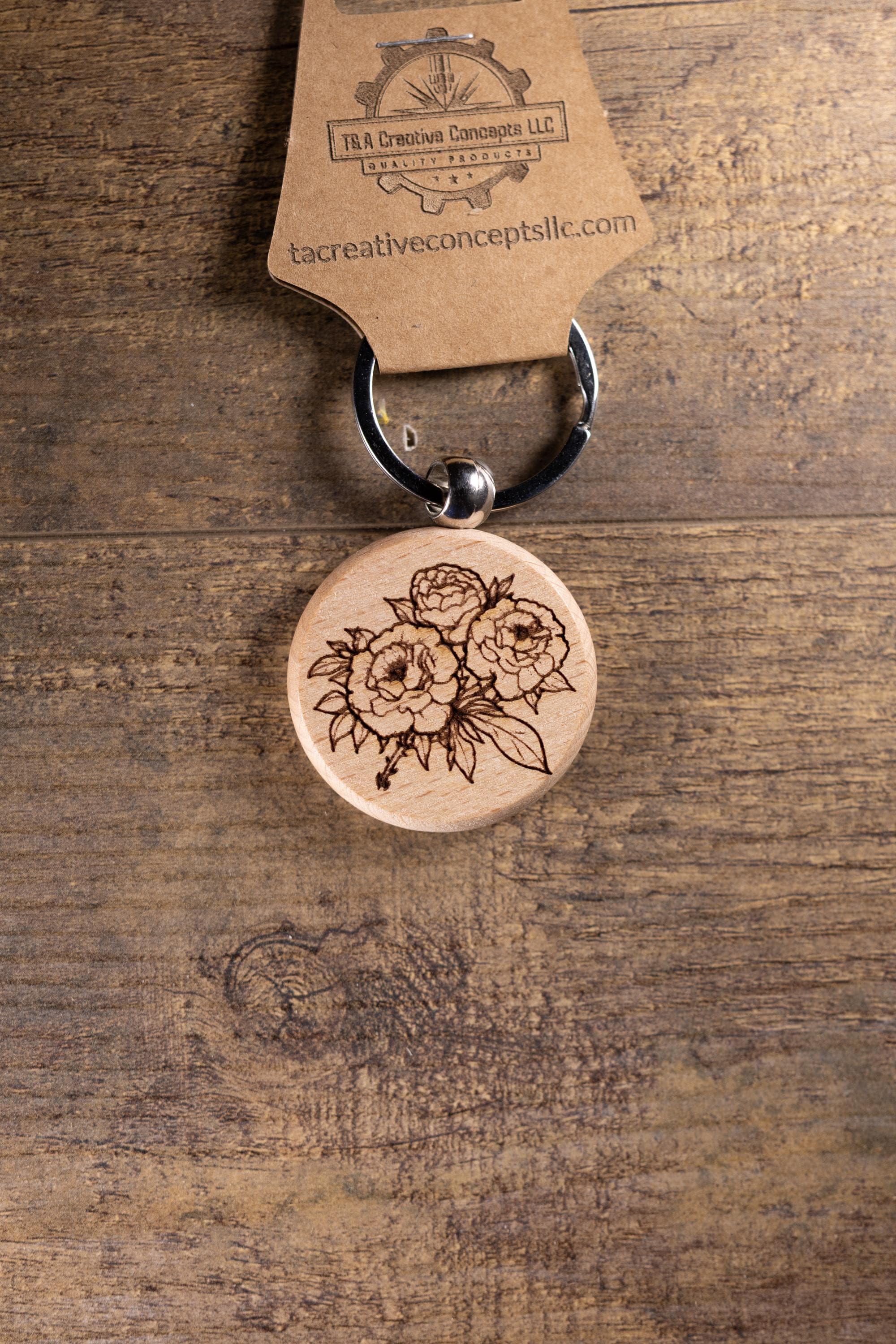 Laser Engraved Wood Peony Bunch Keychain / Bag Charm – Hardwood with Stainless Hardware – Flower Lover Gift