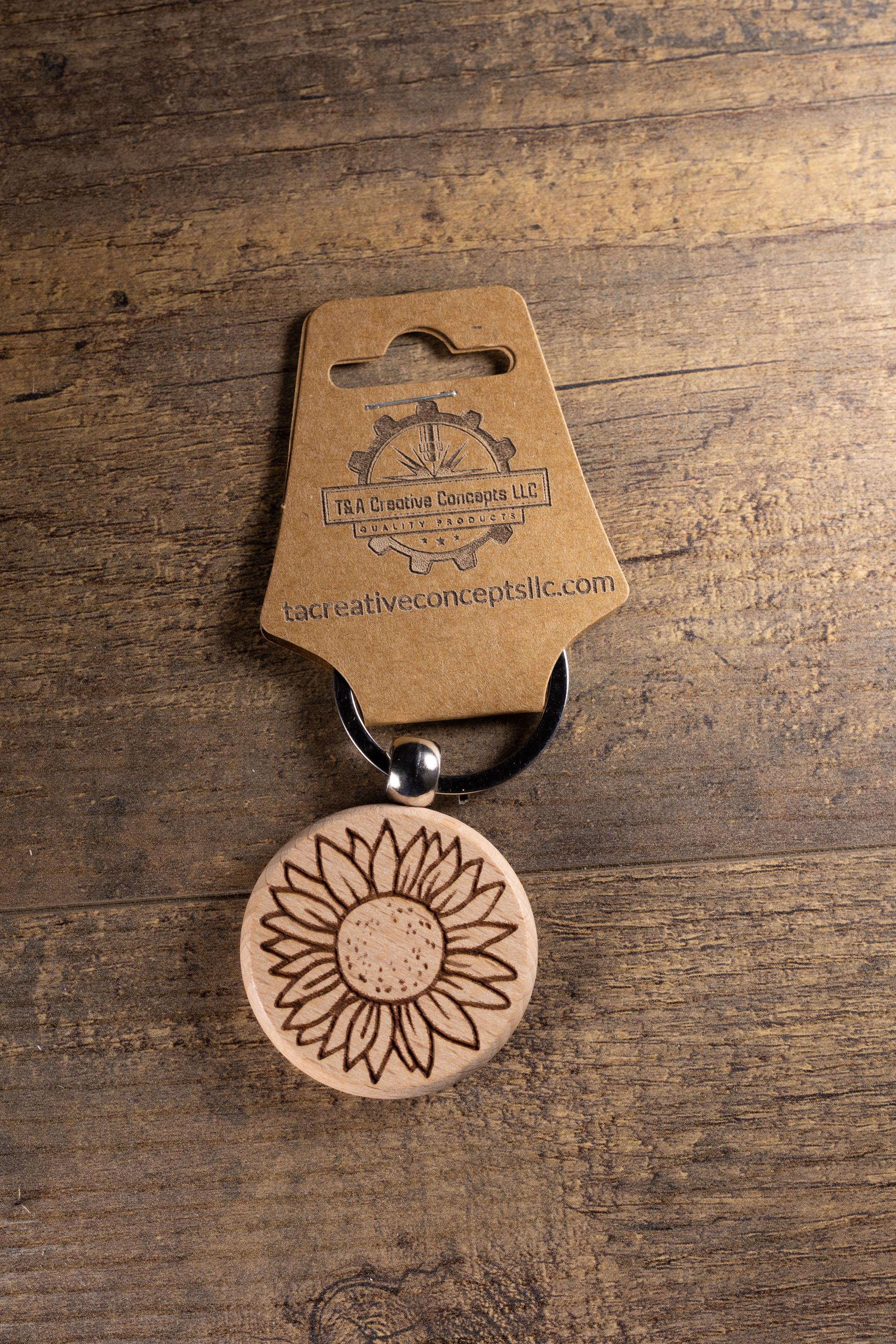 Laser Engraved Wood Sunflower Keychain / Bag Charm – Hardwood with Stainless Hardware – Flower Lover Gift