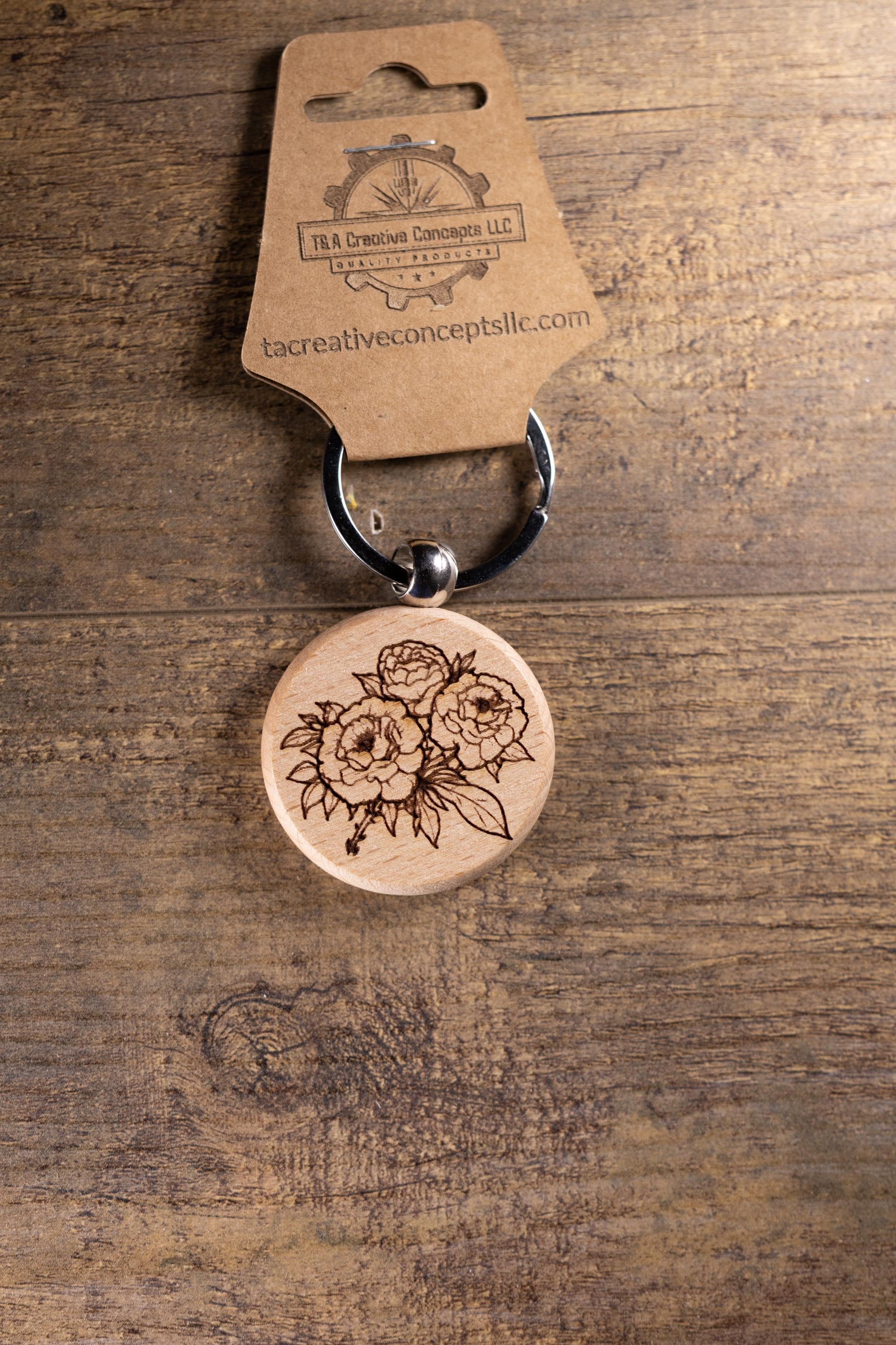 Laser Engraved Wood Peony Bunch Keychain / Bag Charm – Hardwood with Stainless Hardware – Flower Lover Gift