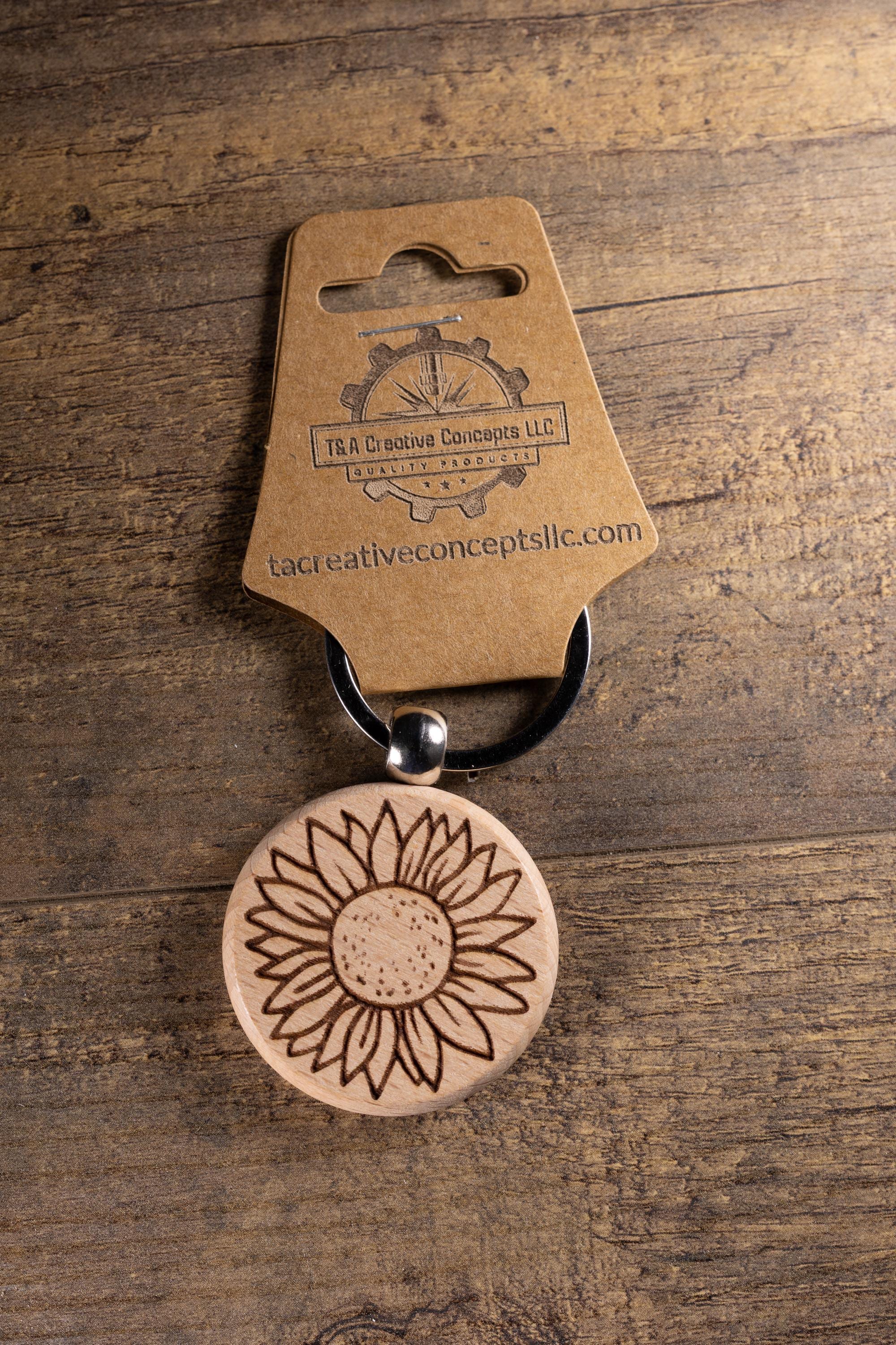 Laser Engraved Wood Sunflower Keychain / Bag Charm – Hardwood with Stainless Hardware – Flower Lover Gift
