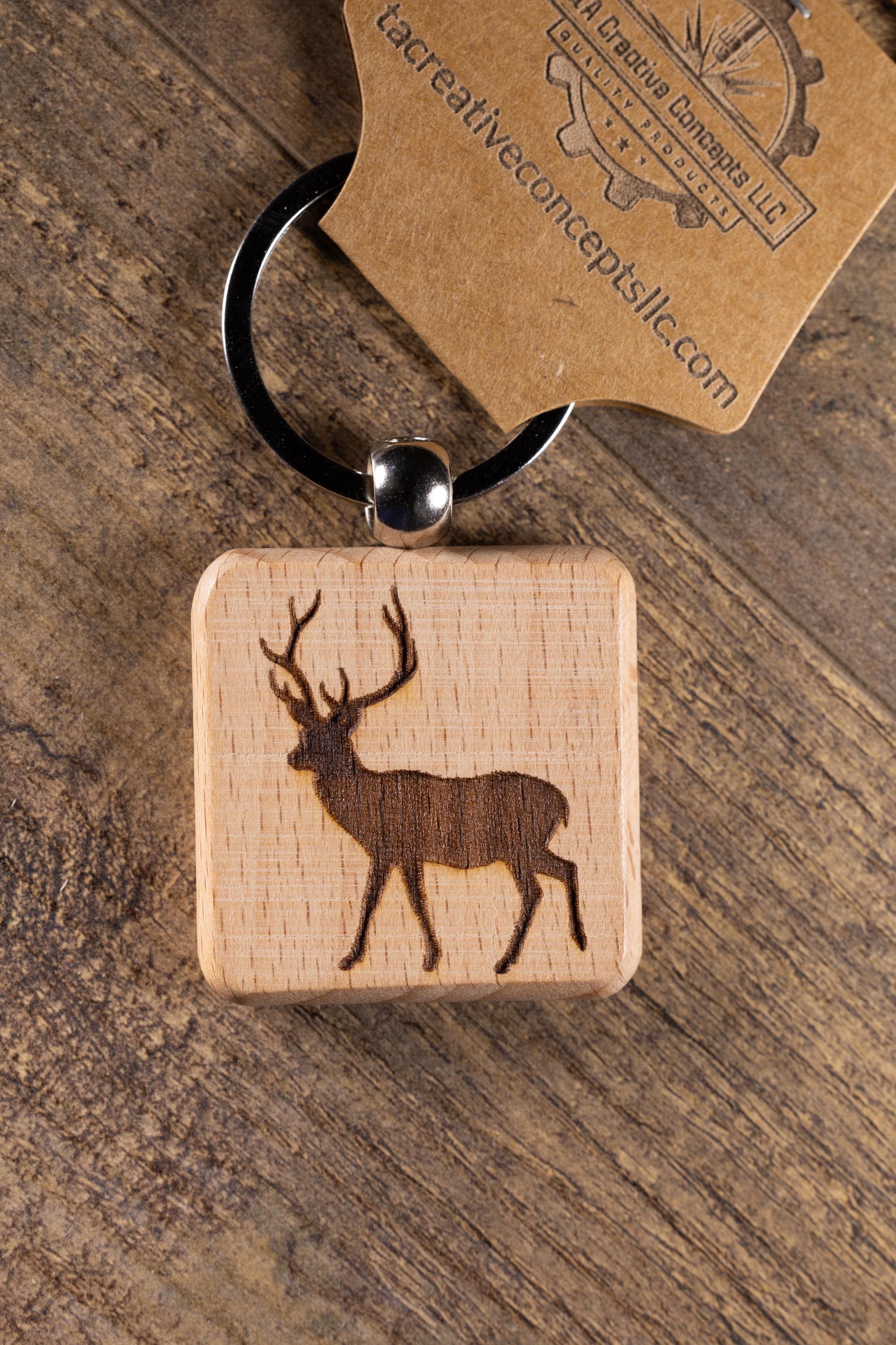 Laser Engraved Wood Buck Keychain / Bag Charm – Hardwood with Stainless Hardware – Deer Hunter Gift