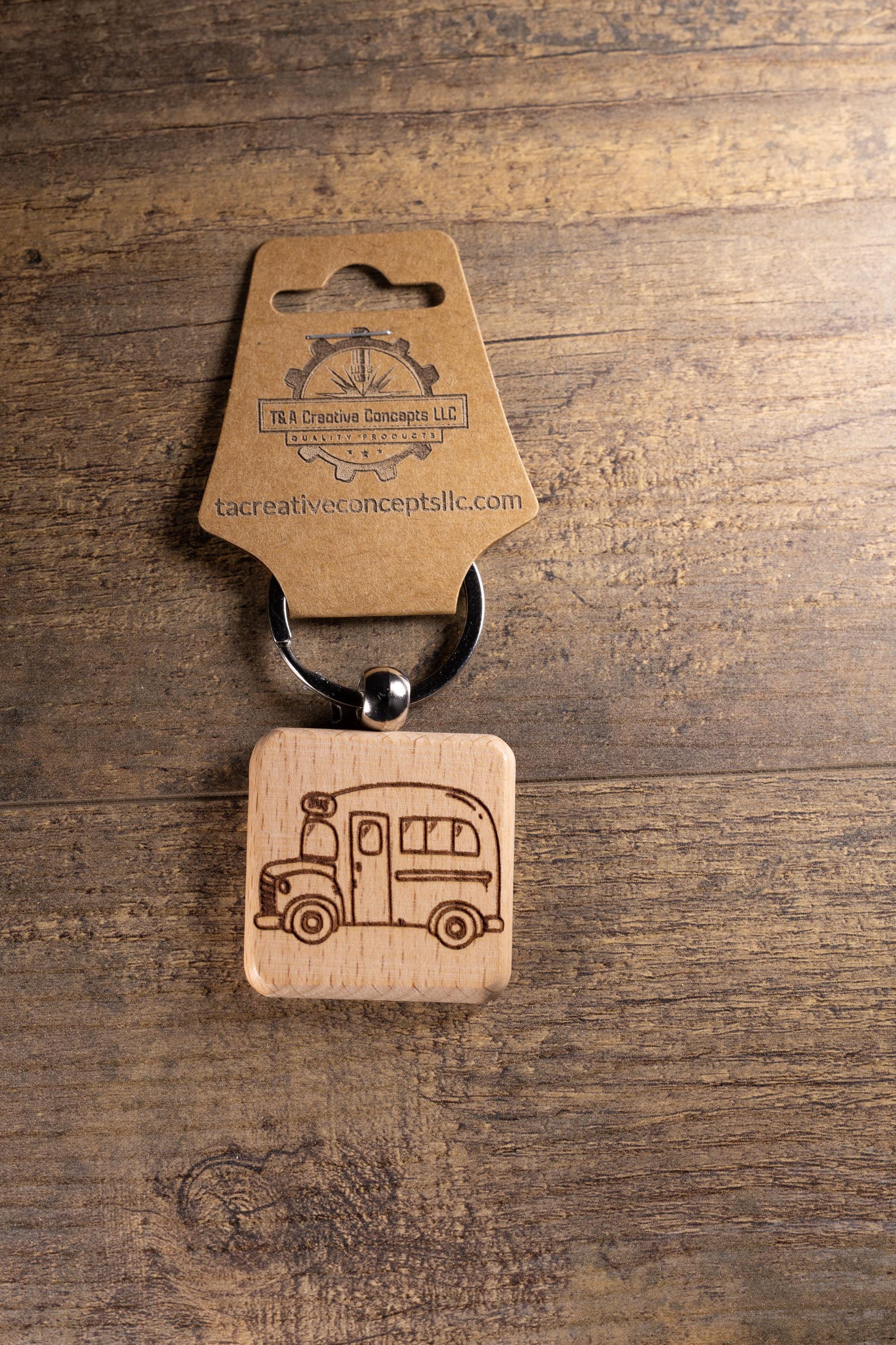 Laser Engraved Wood School Bus Keychain / Bag Charm – Hardwood with Stainless Hardware – Teacher or Driver Gift