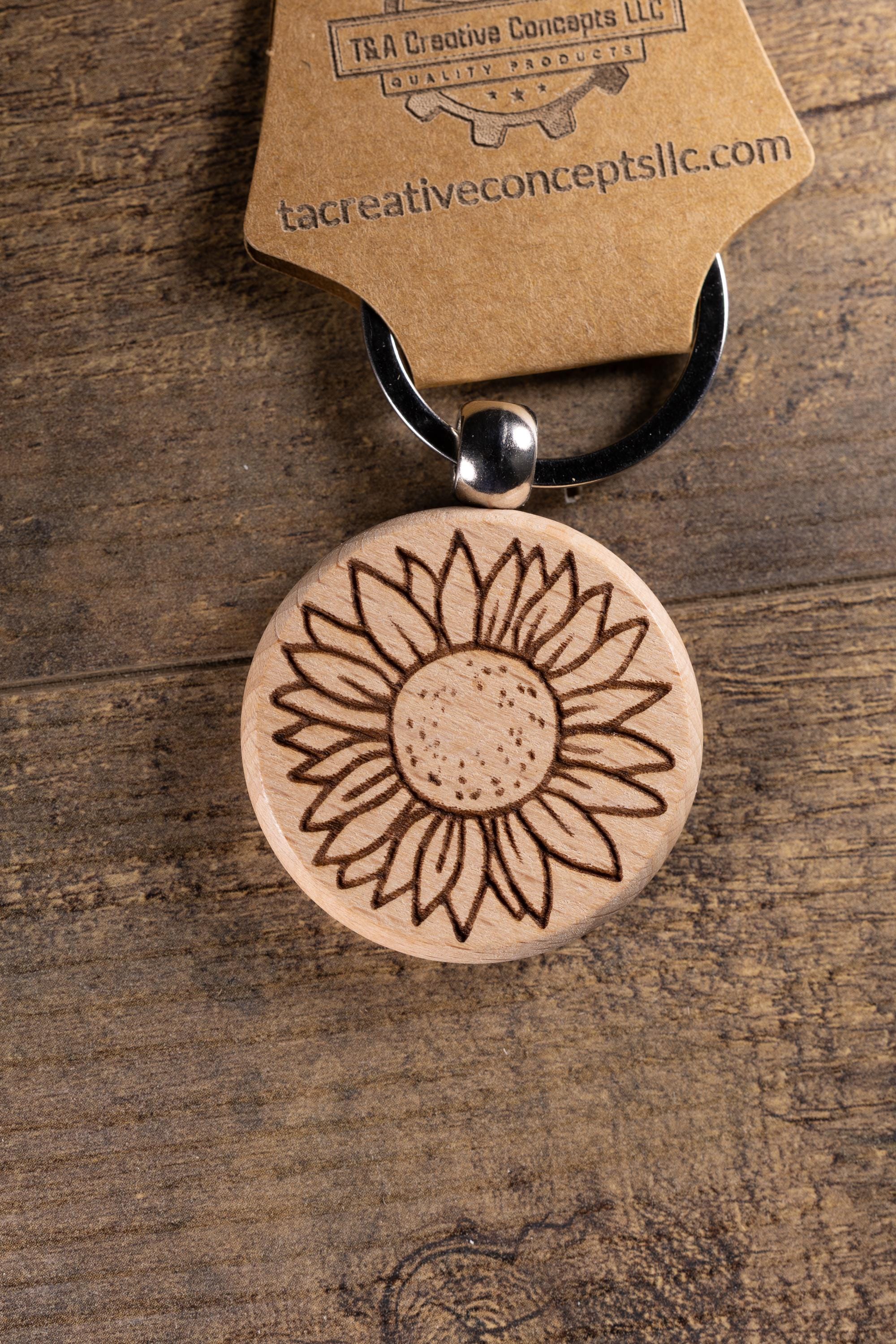 Laser Engraved Wood Sunflower Keychain / Bag Charm – Hardwood with Stainless Hardware – Flower Lover Gift