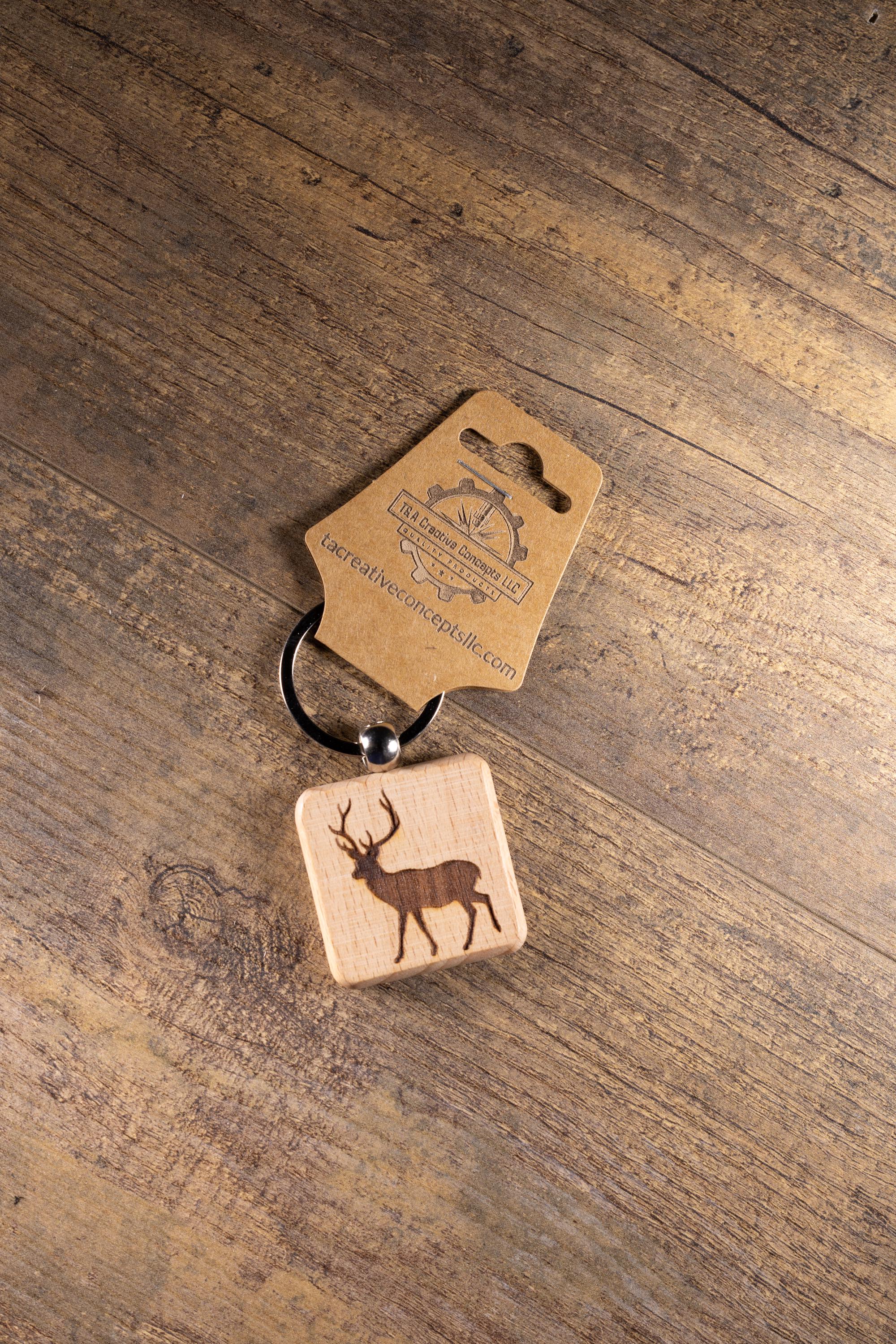 Laser Engraved Wood Buck Keychain / Bag Charm – Hardwood with Stainless Hardware – Deer Hunter Gift
