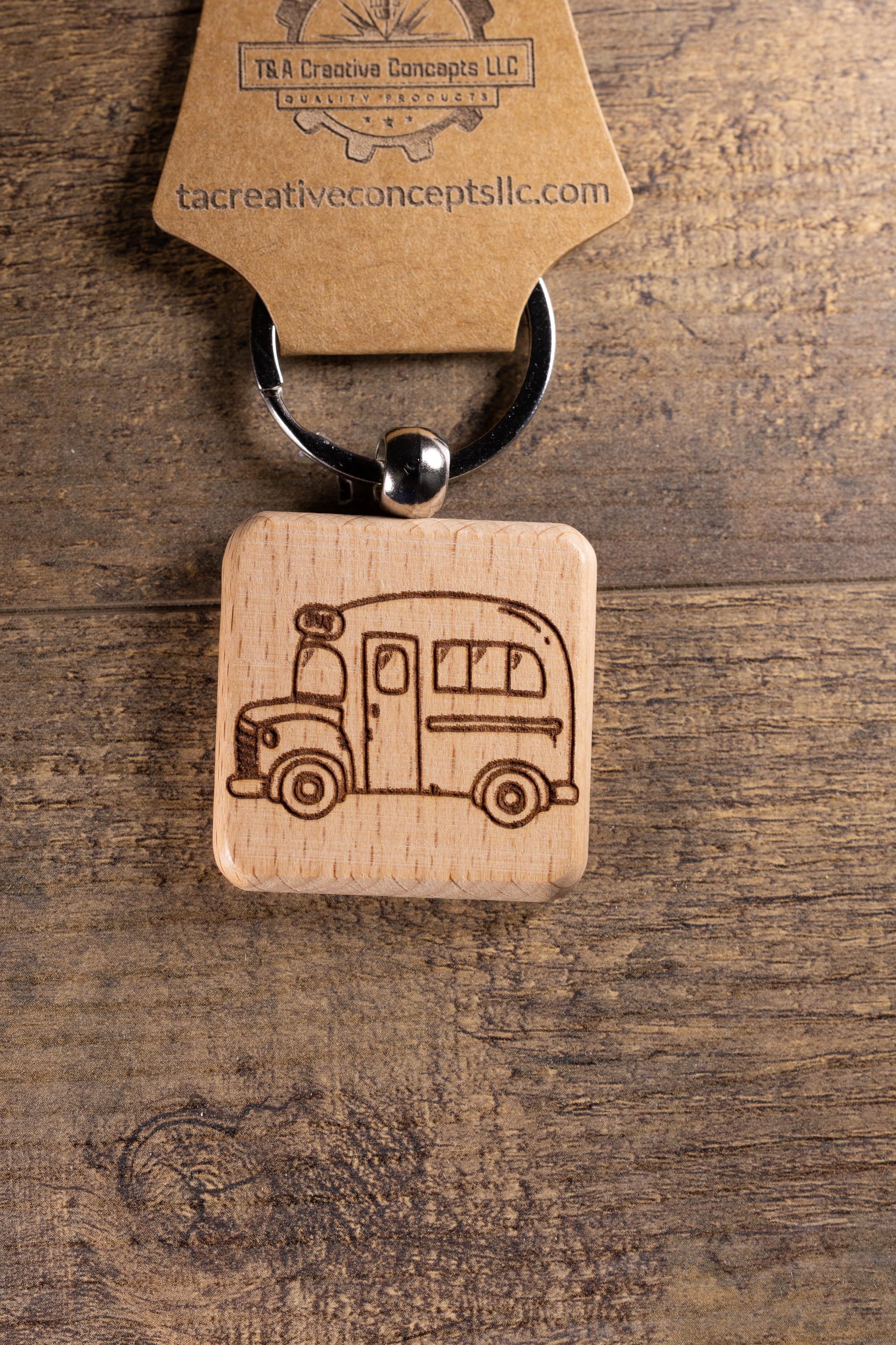 Laser Engraved Wood School Bus Keychain / Bag Charm – Hardwood with Stainless Hardware – Teacher or Driver Gift
