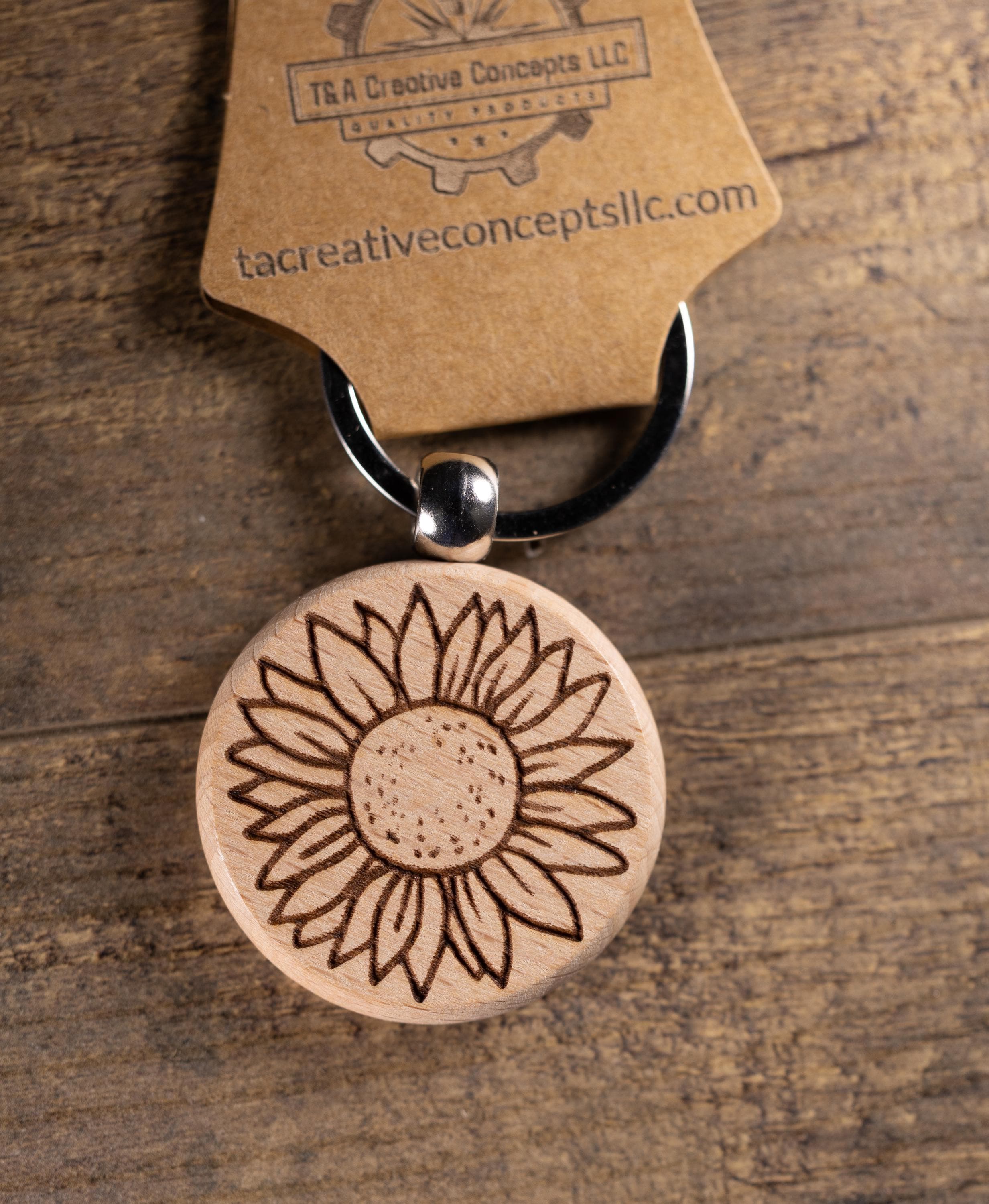 Laser Engraved Wood Sunflower Keychain / Bag Charm – Hardwood with Stainless Hardware – Flower Lover Gift