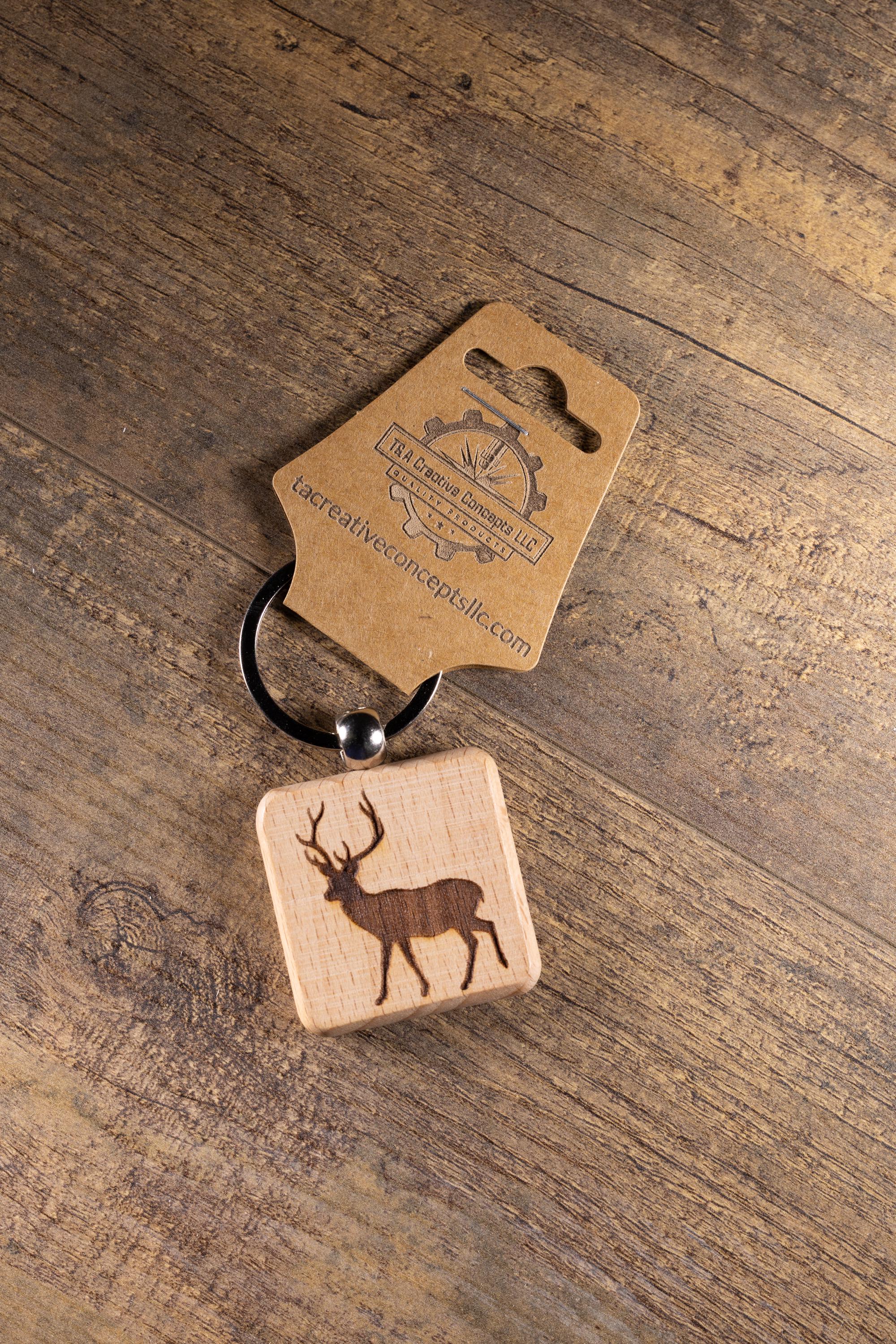 Laser Engraved Wood Buck Keychain / Bag Charm – Hardwood with Stainless Hardware – Deer Hunter Gift