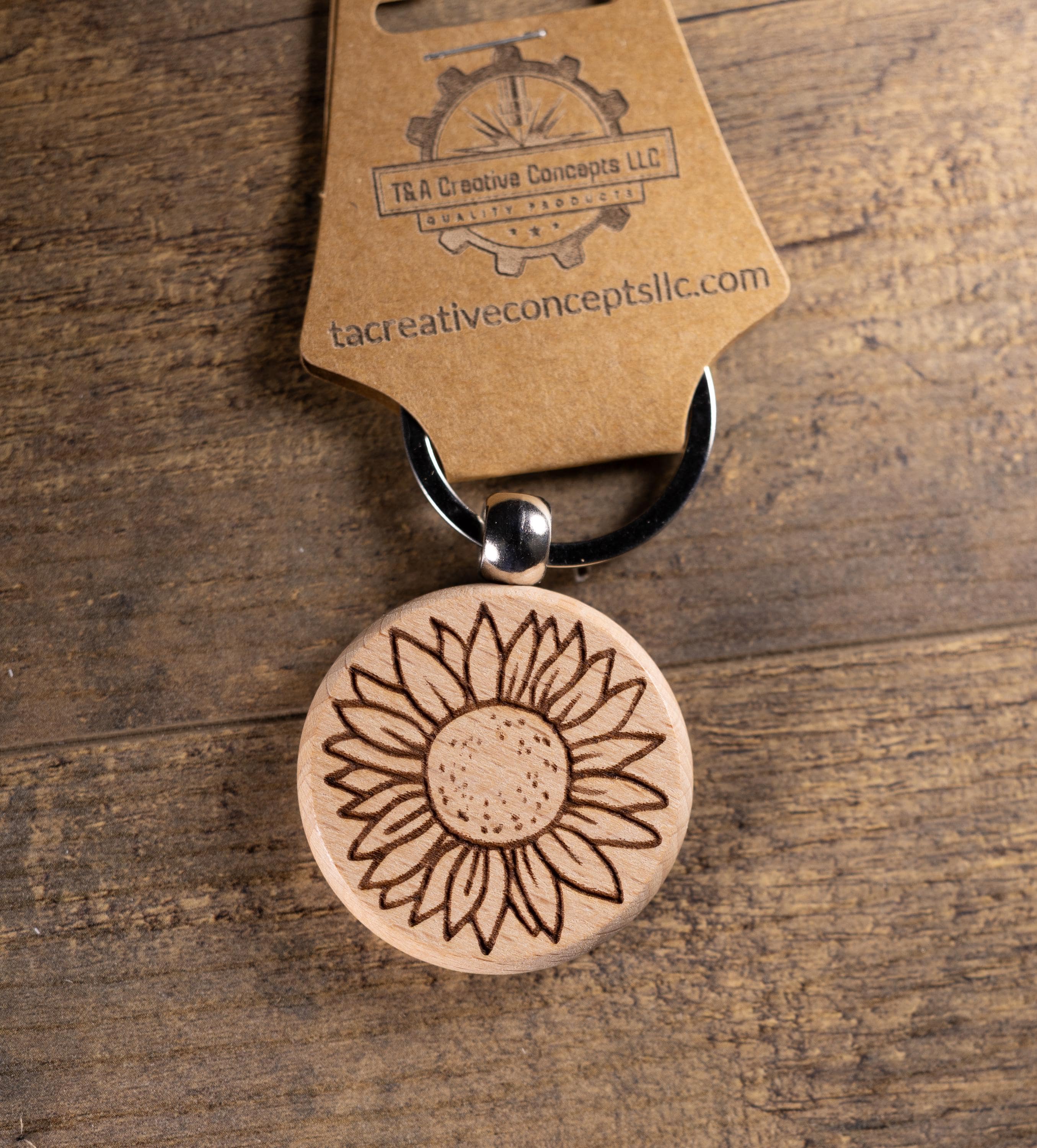 Laser Engraved Wood Sunflower Keychain / Bag Charm – Hardwood with Stainless Hardware – Flower Lover Gift