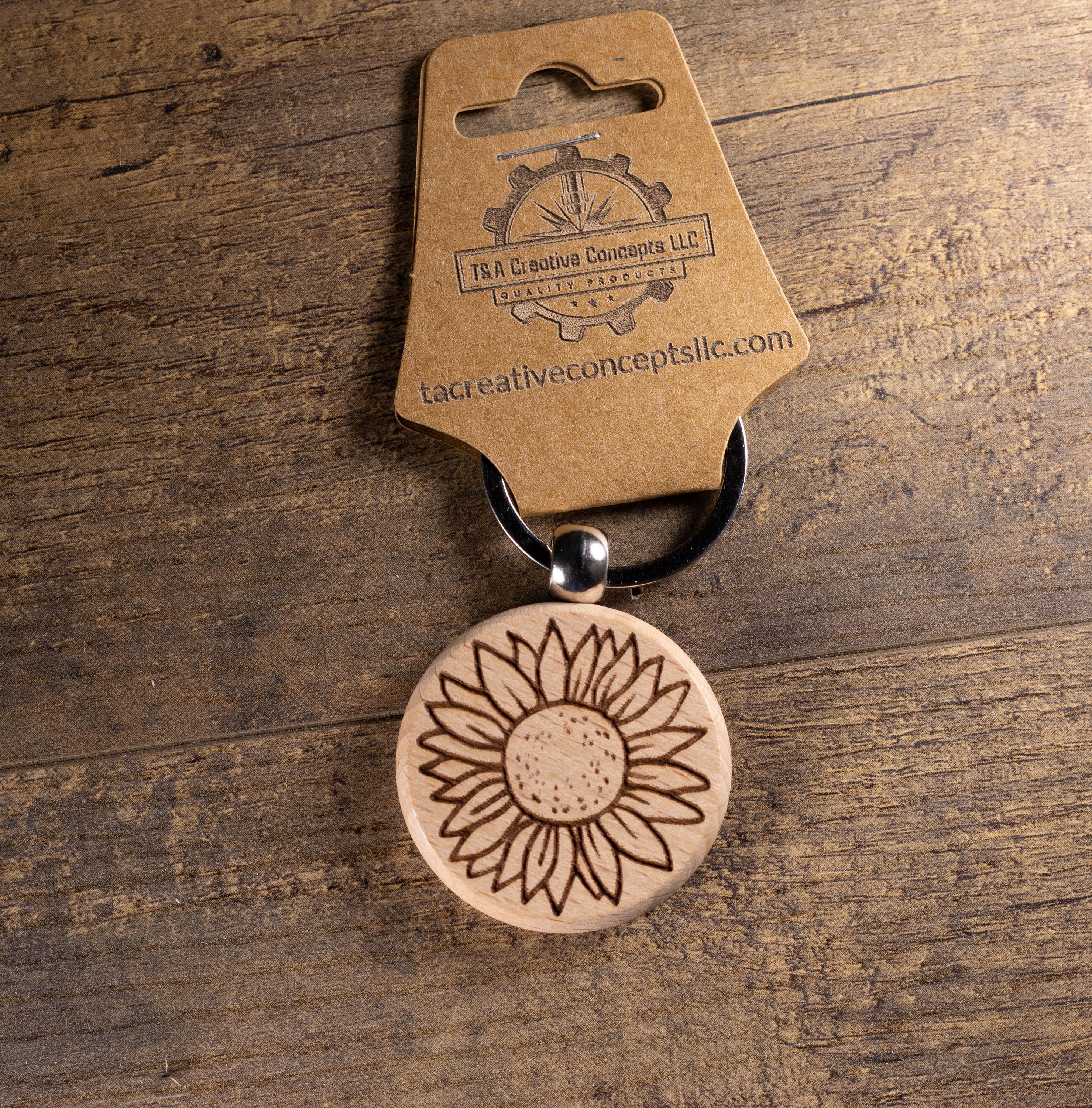 Laser Engraved Wood Sunflower Keychain / Bag Charm – Hardwood with Stainless Hardware – Flower Lover Gift