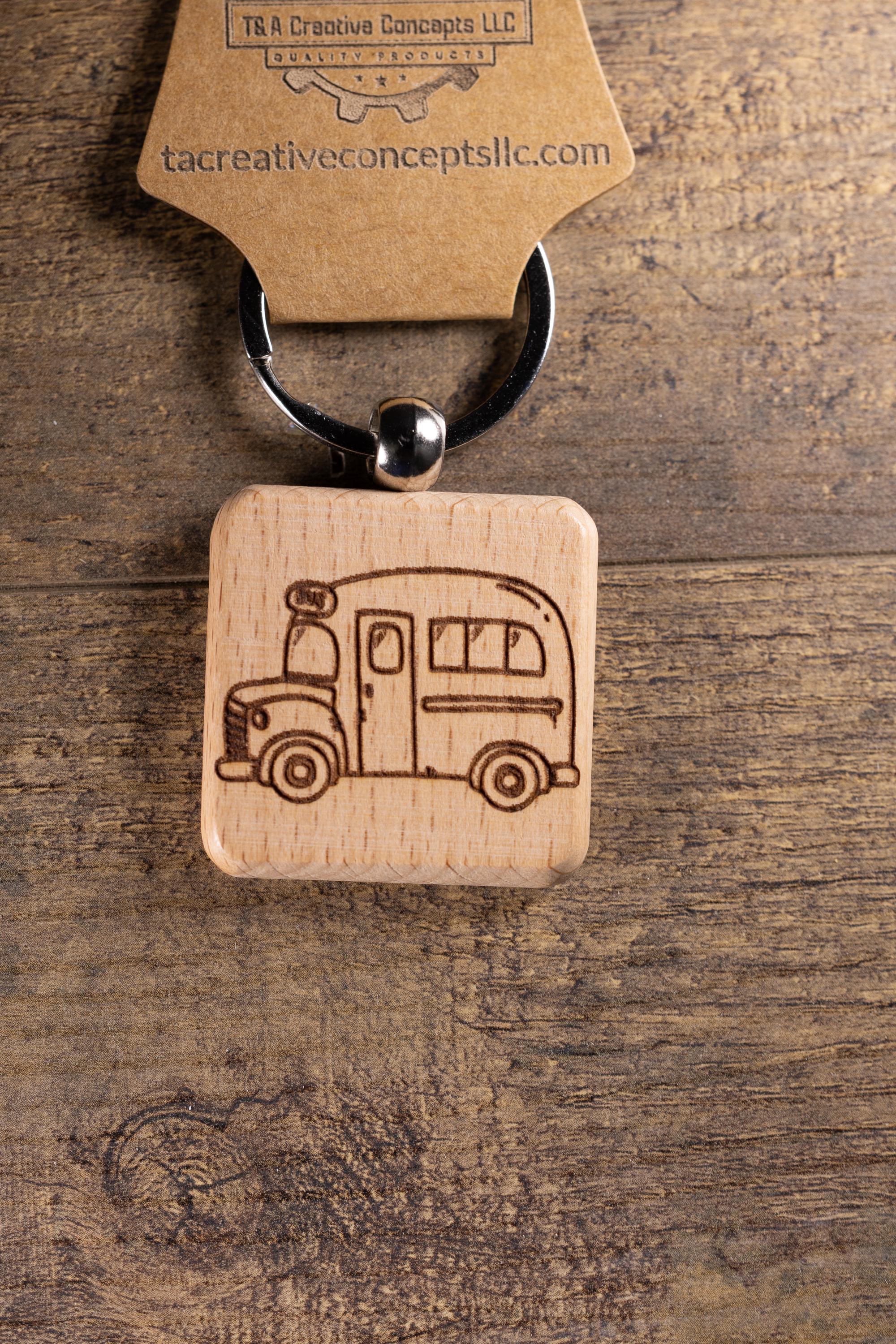 Laser Engraved Wood School Bus Keychain / Bag Charm – Hardwood with Stainless Hardware – Teacher or Driver Gift