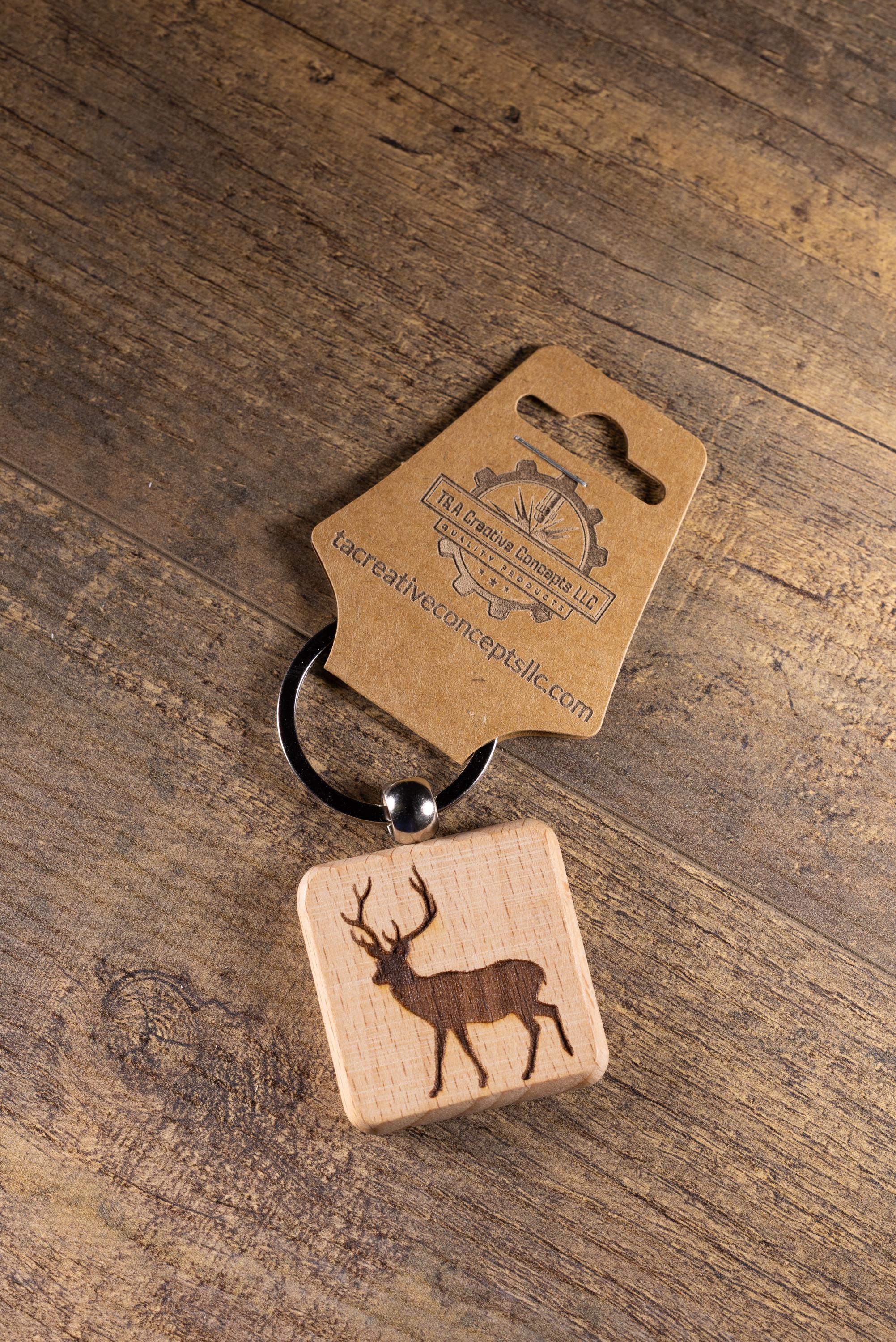 Laser Engraved Wood Buck Keychain / Bag Charm – Hardwood with Stainless Hardware – Deer Hunter Gift
