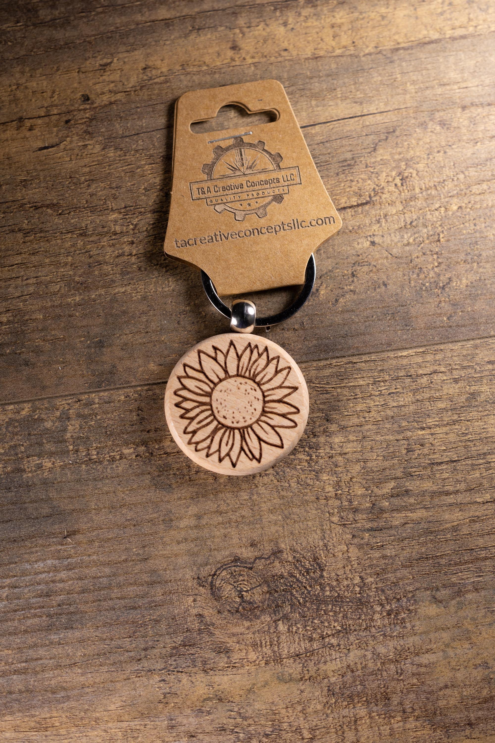 Laser Engraved Wood Sunflower Keychain / Bag Charm – Hardwood with Stainless Hardware – Flower Lover Gift