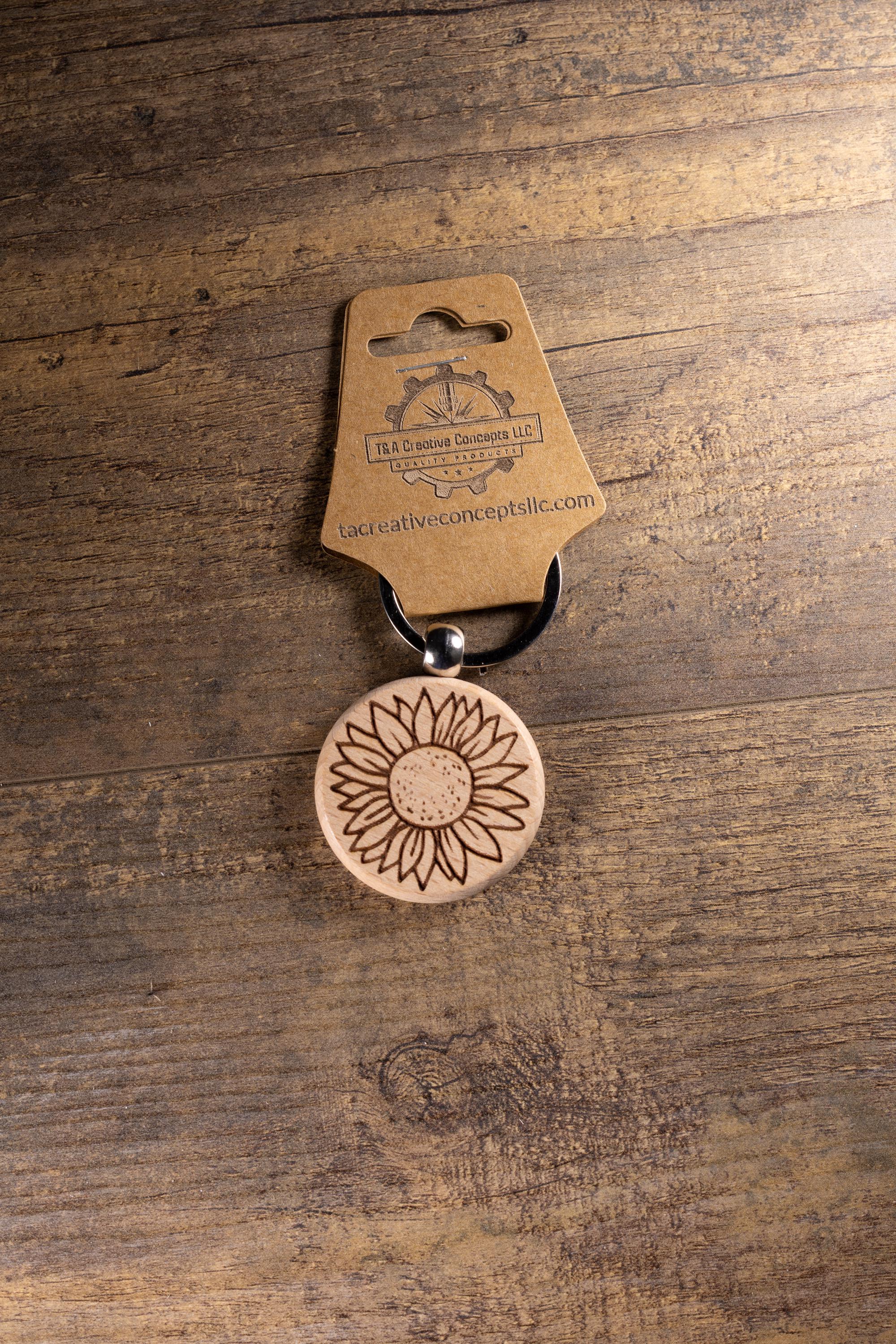 Laser Engraved Wood Sunflower Keychain / Bag Charm – Hardwood with Stainless Hardware – Flower Lover Gift