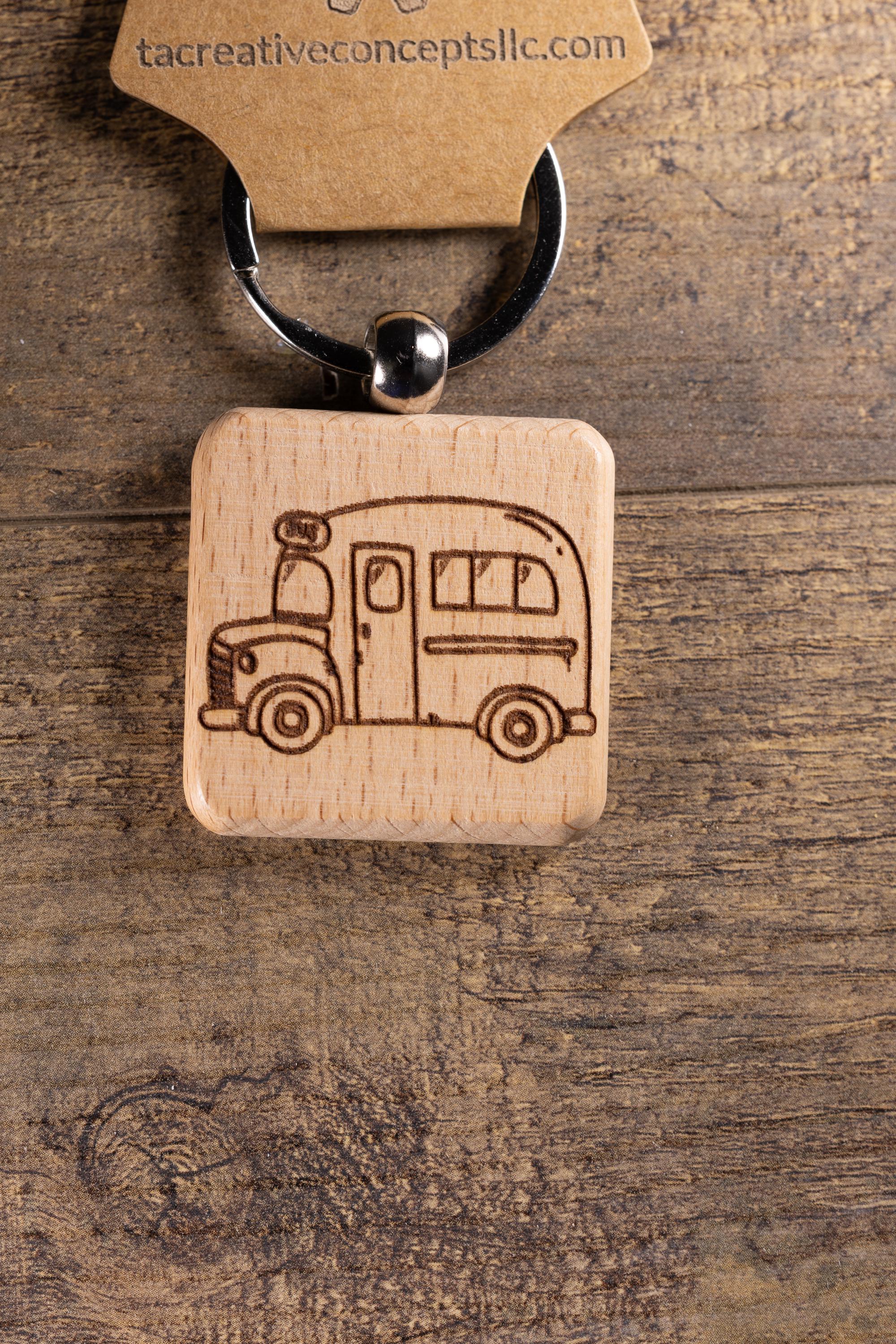 Laser Engraved Wood School Bus Keychain / Bag Charm – Hardwood with Stainless Hardware – Teacher or Driver Gift