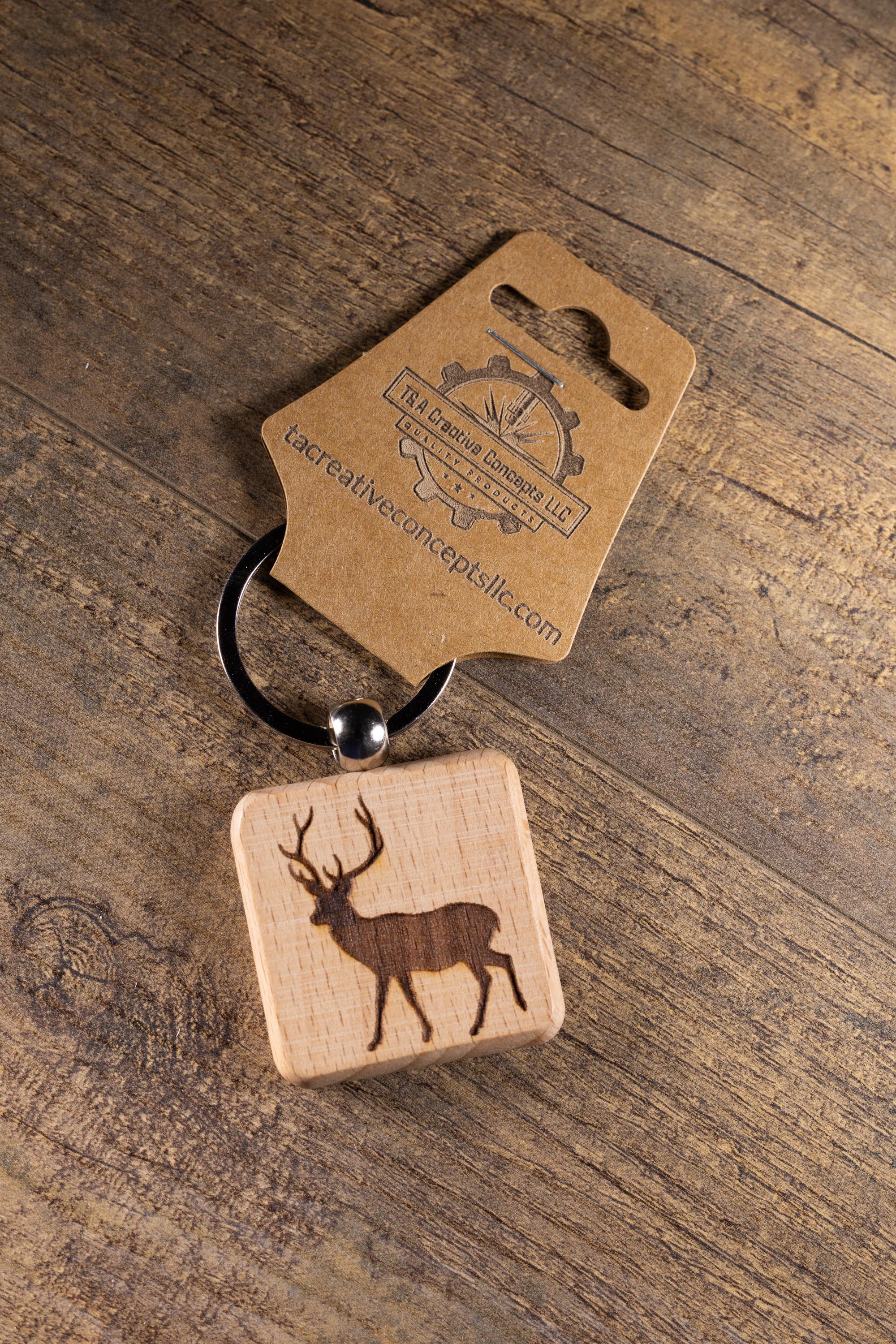 Laser Engraved Wood Buck Keychain / Bag Charm – Hardwood with Stainless Hardware – Deer Hunter Gift
