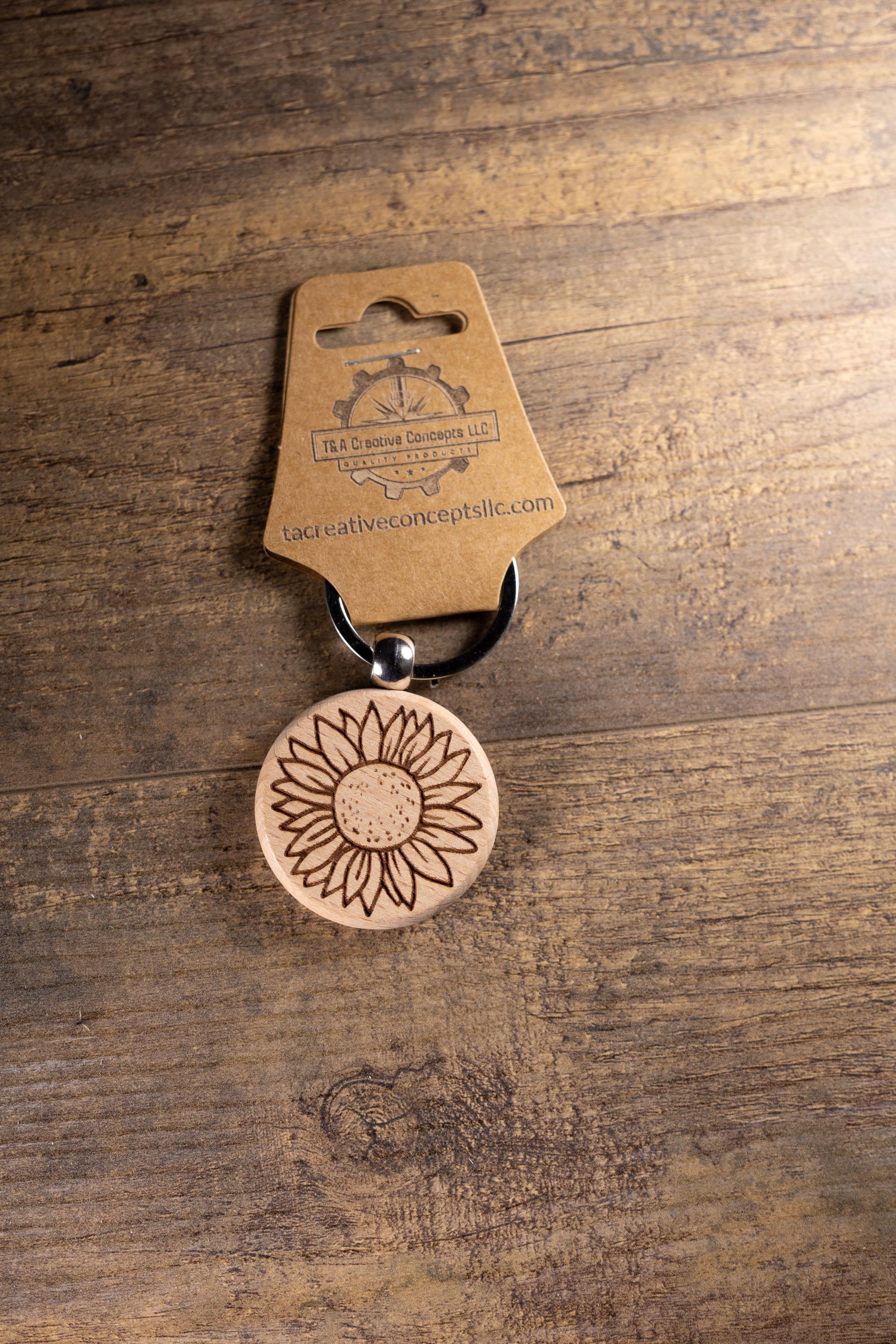 Laser Engraved Wood Sunflower Keychain / Bag Charm – Hardwood with Stainless Hardware – Flower Lover Gift