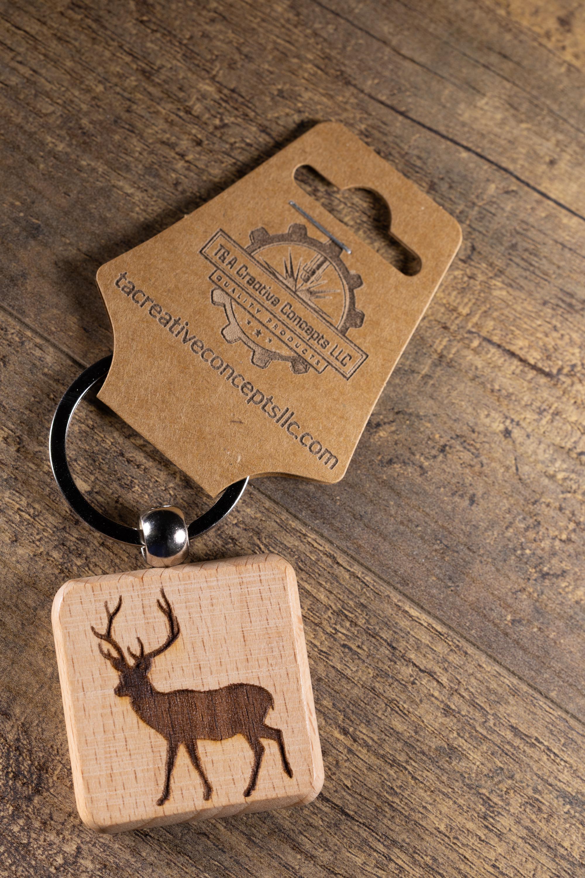 Laser Engraved Wood Buck Keychain / Bag Charm – Hardwood with Stainless Hardware – Deer Hunter Gift