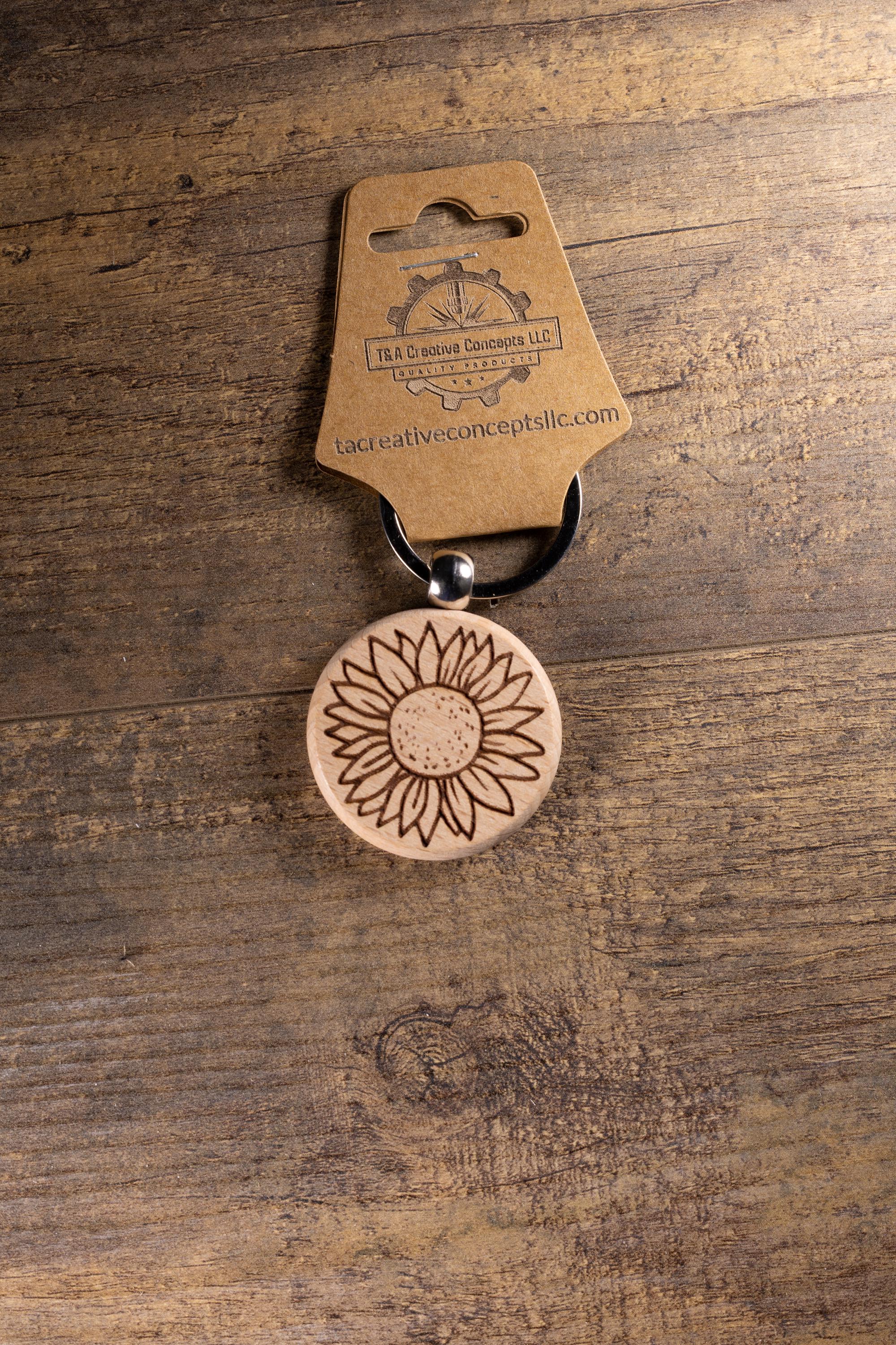 Laser Engraved Wood Sunflower Keychain / Bag Charm – Hardwood with Stainless Hardware – Flower Lover Gift