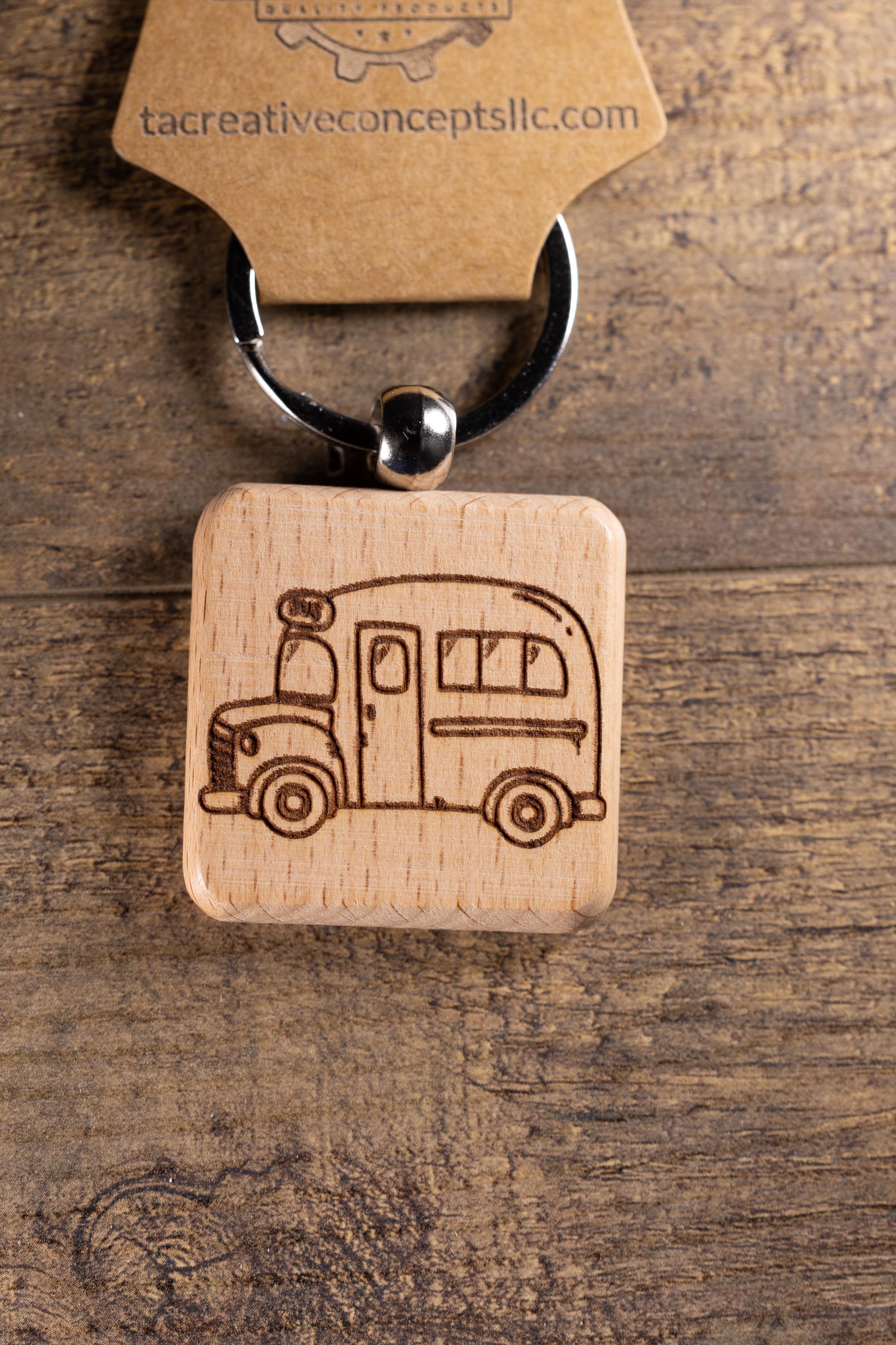 Laser Engraved Wood School Bus Keychain / Bag Charm – Hardwood with Stainless Hardware – Teacher or Driver Gift