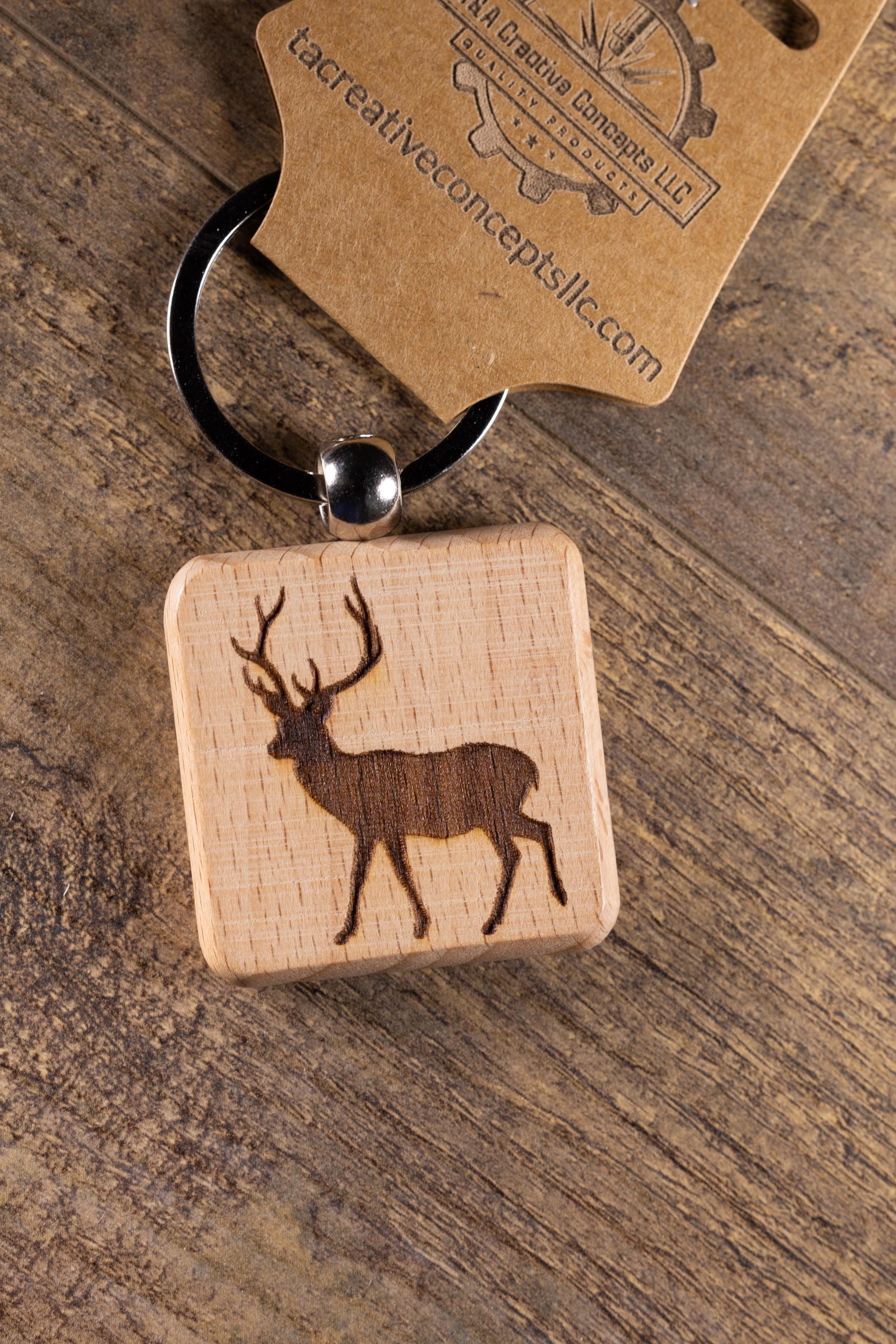 Laser Engraved Wood Buck Keychain / Bag Charm – Hardwood with Stainless Hardware – Deer Hunter Gift