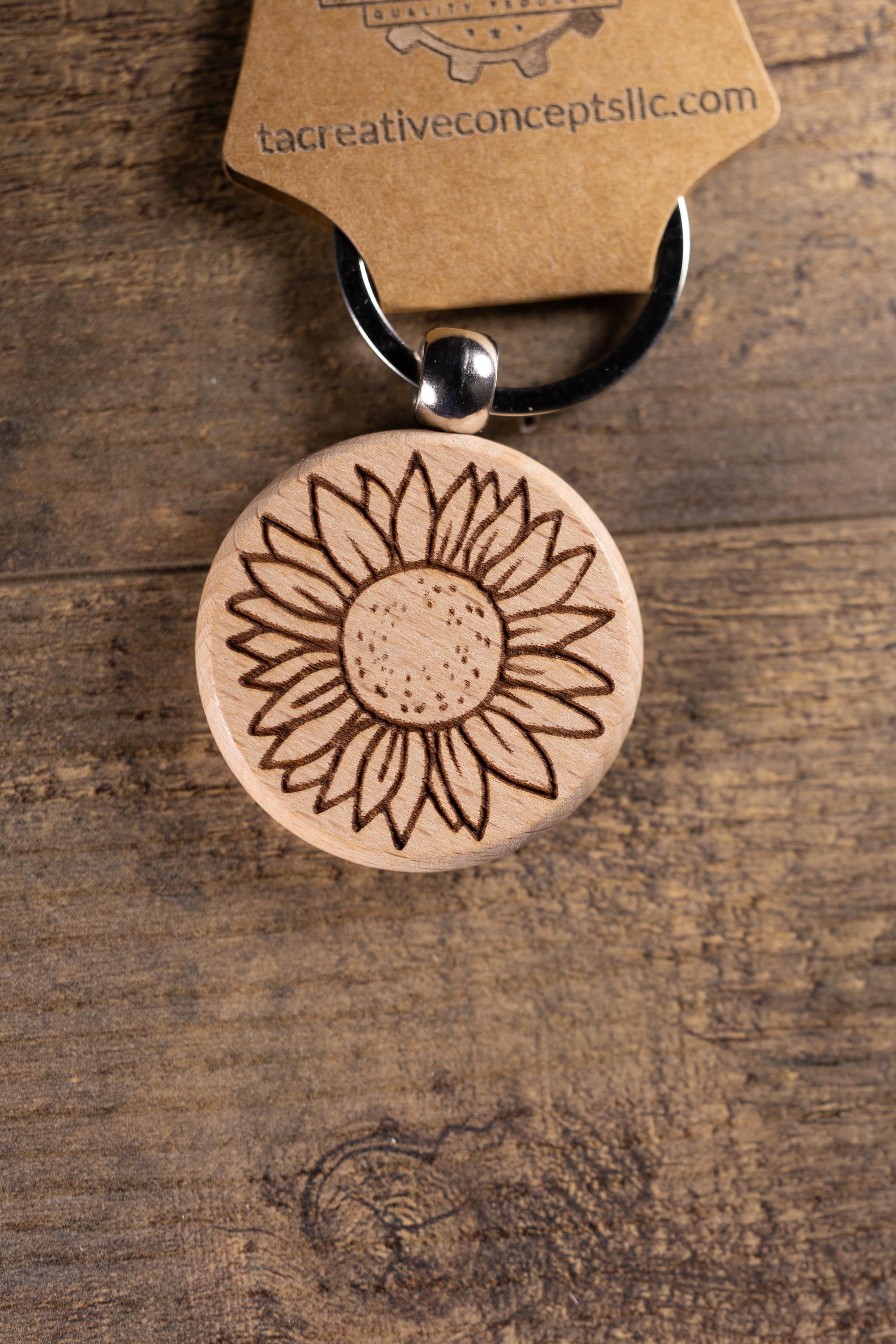 Laser Engraved Wood Sunflower Keychain / Bag Charm – Hardwood with Stainless Hardware – Flower Lover Gift